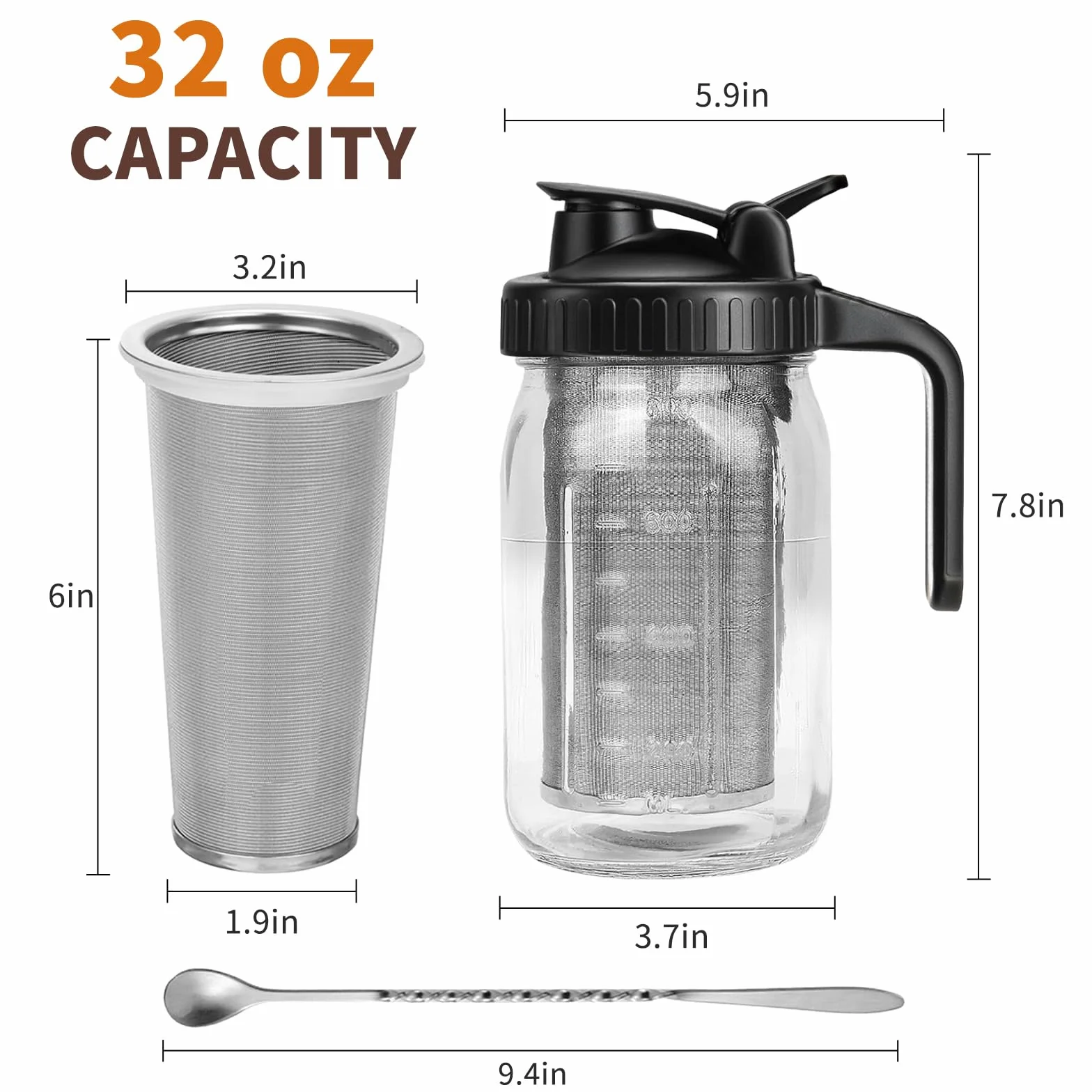 Cafetière à froid 800ML pichet en verre filtre acier inoxydable couvercle hermétique 32OZ