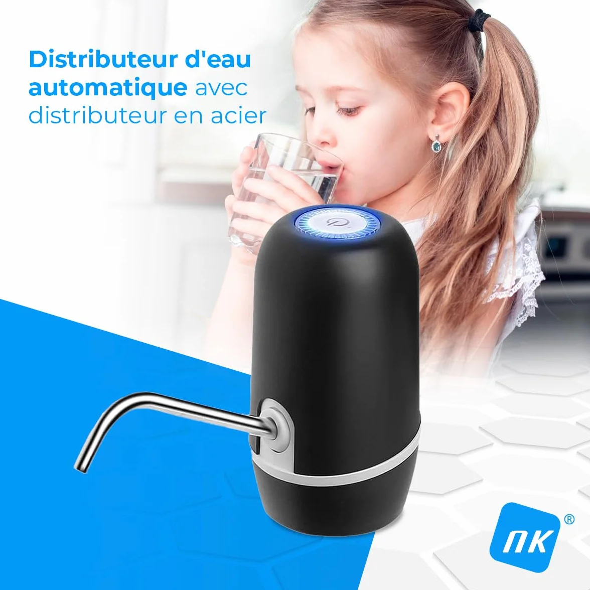 Distributeur d'eau en Bouteille Automatique USB, Acier, sans BPA, Eau Froide, 1200mAh, 1.5-18.9L, Noir