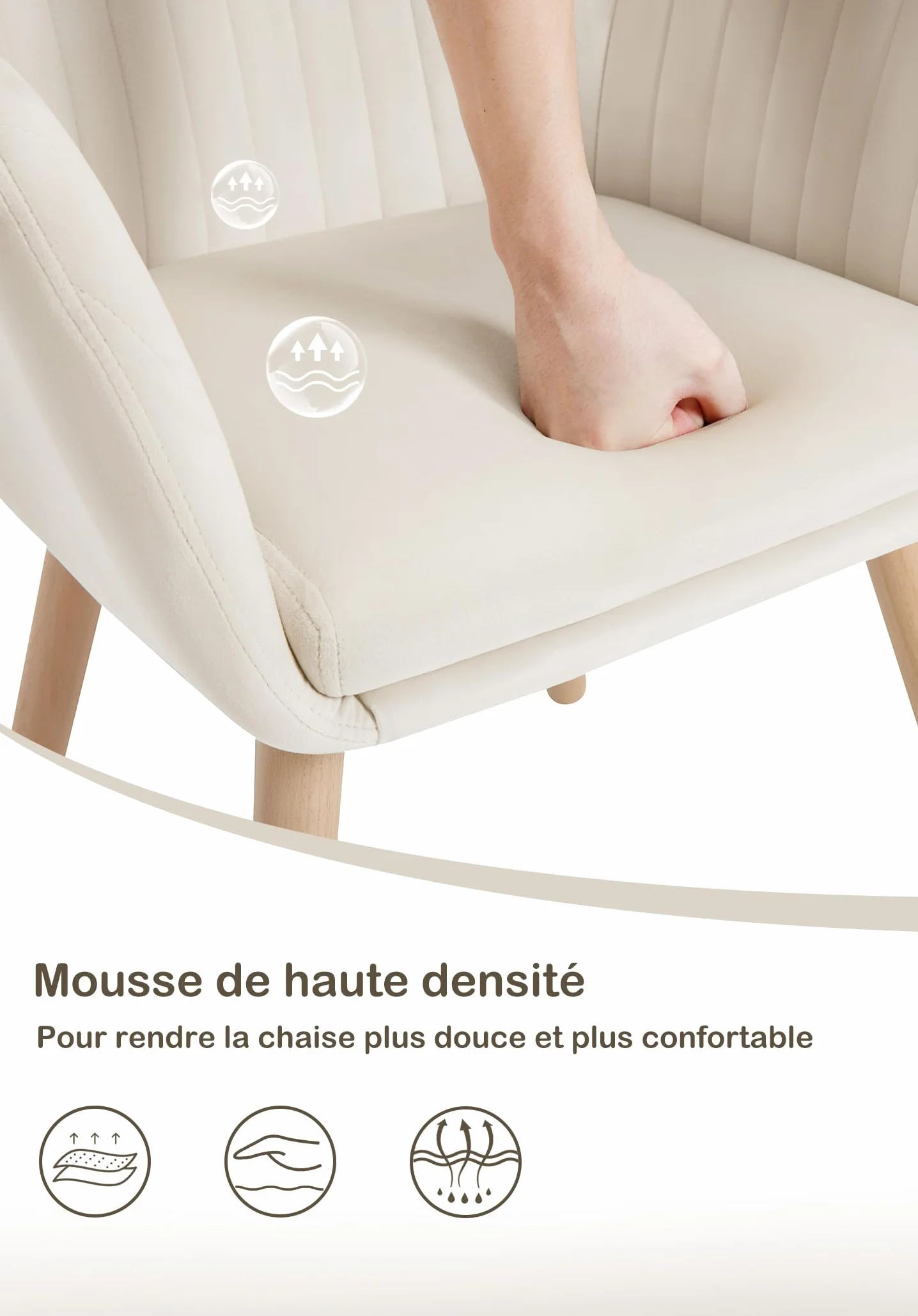 WOLTU Chaise de Salle à Manger en Velours, Pieds en Bois Massif, Charge Max. 150 kg, Crème Blanc