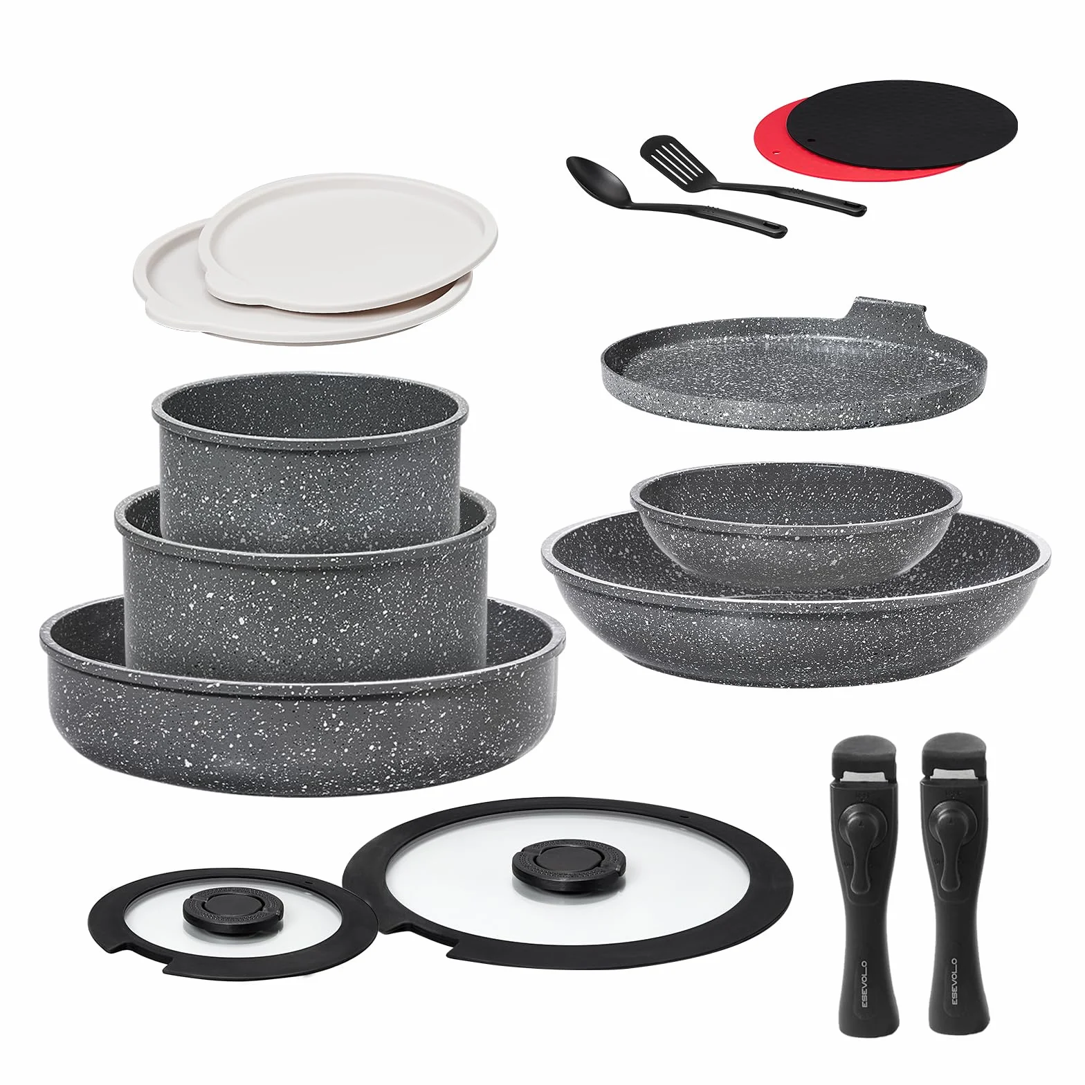 Batterie de cuisine induction 16 pièces 20cm/28cm poignées amovibles empilable antiadhésif céramique sans PFAS gris