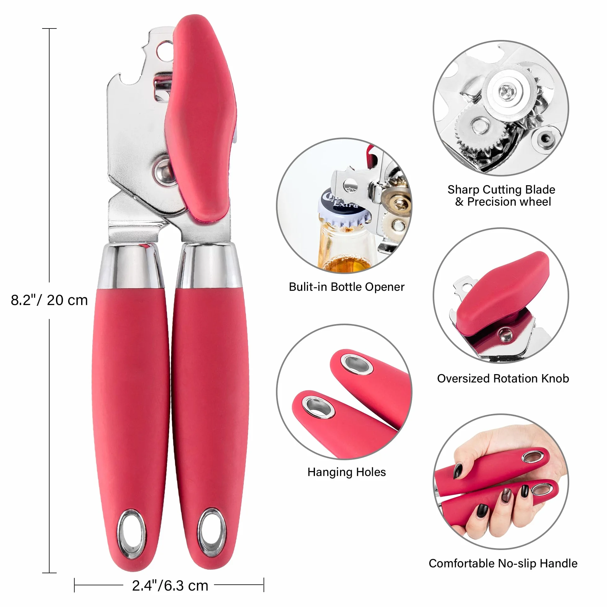 TJ POP Ouvre-boîte manuel robuste en acier inoxydable, lame tranchante, poignées antidérapantes (rouge)