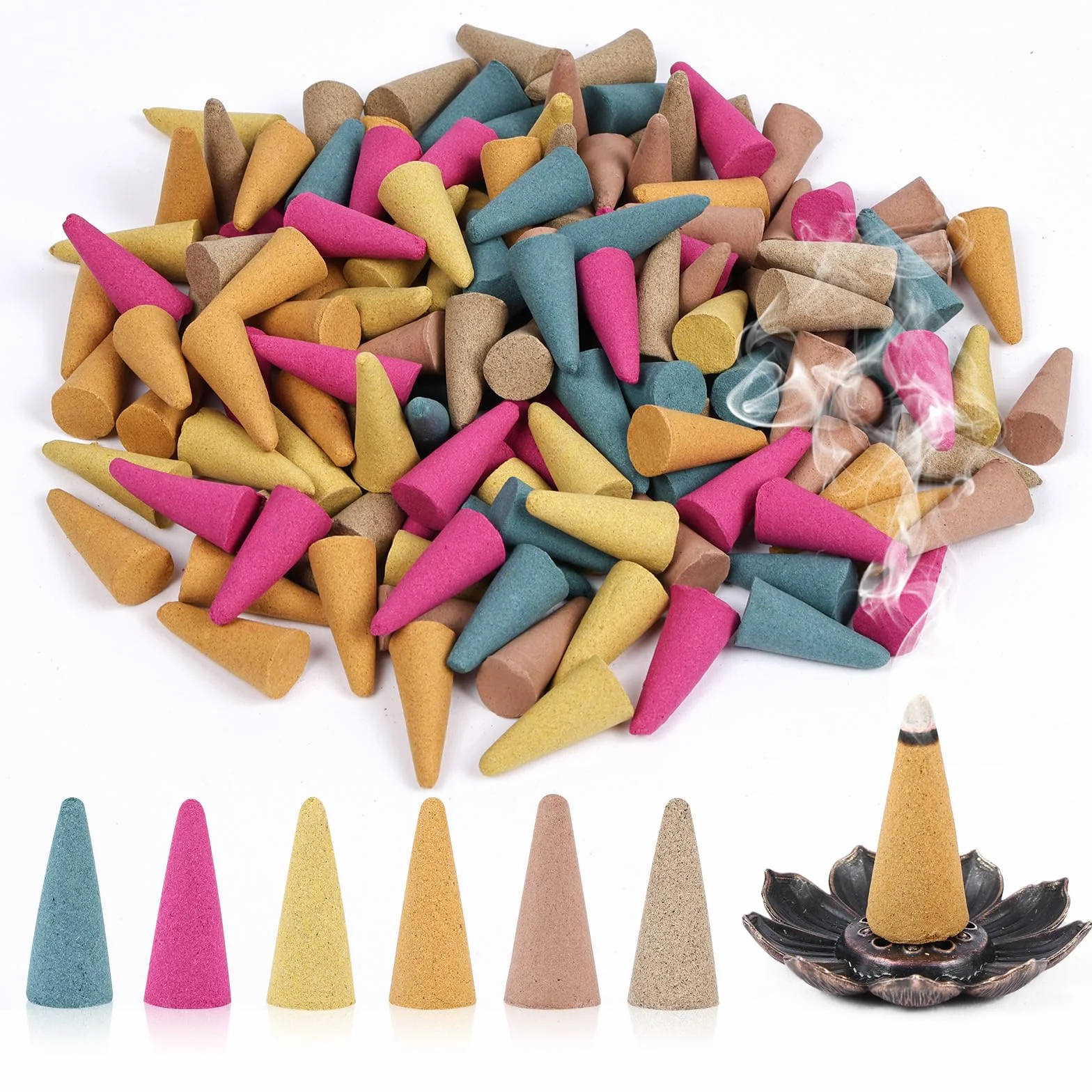 Cônes D'encens 120 Pcs Naturel avec 1 Porte-Encens 6 Parfums Rose Jasmin Osmanthus Océan Bois de Santal Armoise