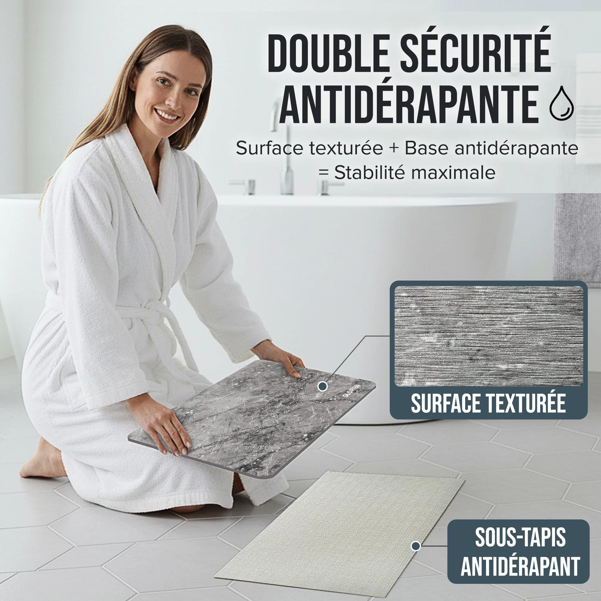 Tapis de Bain Diatomite 60x40 cm Antidérapant Ultra Absorbant Séchage Rapide