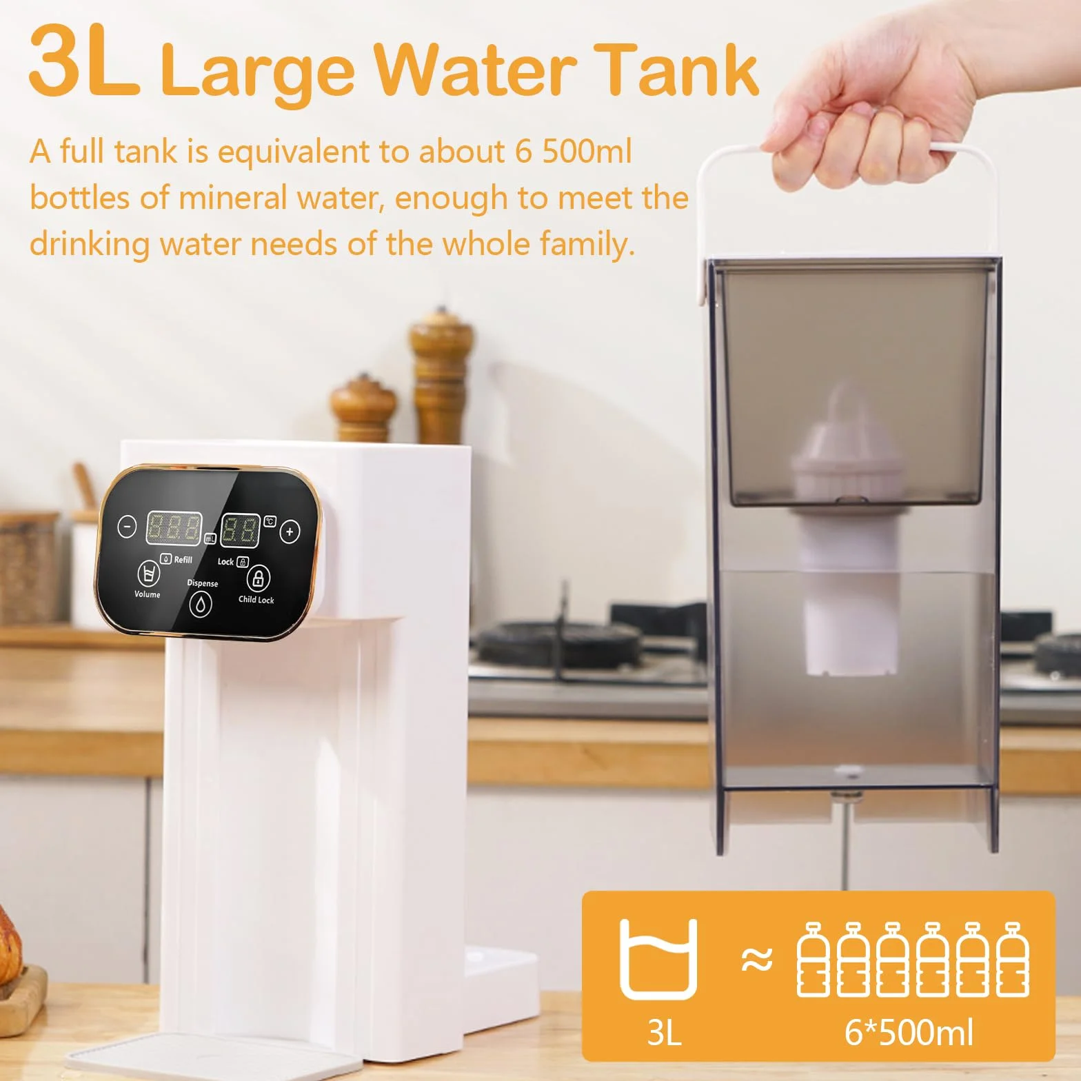 Distributeur d'Eau Chaude 3L Numérique Instantané écran Tactile LED 12 Réglages Température 8 Réglages Volume Filtre Charbon Actif