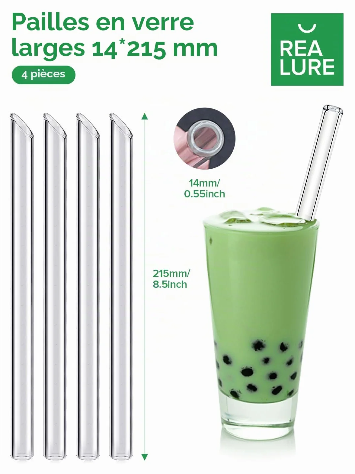 Realure Lot de 4 Pailles en Verre Transparente 14mm 21.5cm pour Bubble Tea Smoothie Cocktail