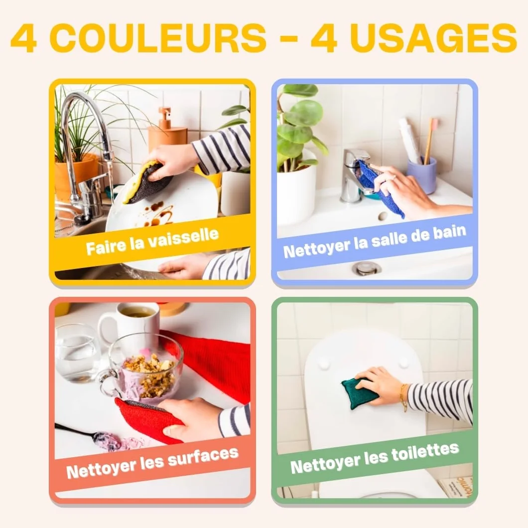 Éponges Réutilisables Lavables INGA 4 Pièces Fabriqué en Europe