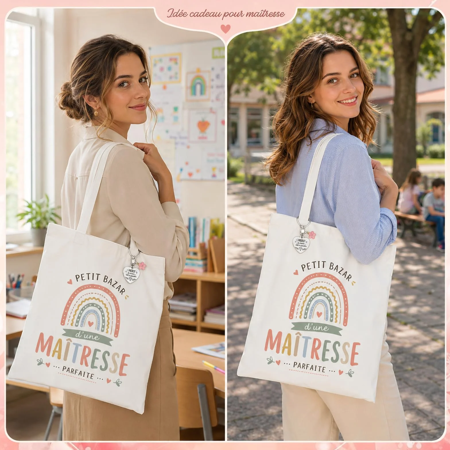Sac En Toile & Porte-Clés Cœur En Acier Inoxydable Cadeau Maitresse D'École Original