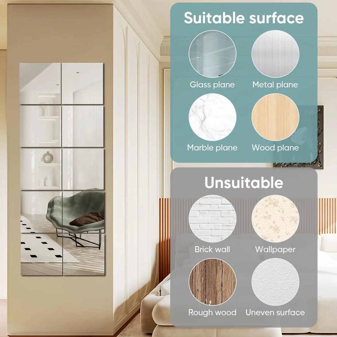 Autocollants en miroir acrylique HD pour murs, carreaux bricolage, miroir autocollant sans verre incassable (Lot de 10/16)