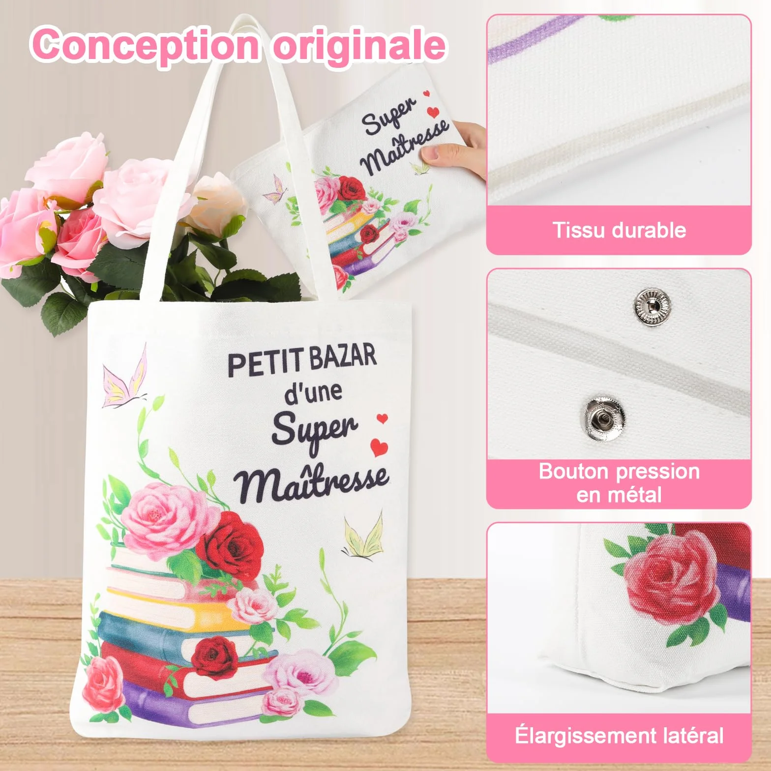 Cadeau Maîtresse d'École Fin d'Année avec Tote Bag Sac de Papeterie Boîte Cadeau Personnalisé