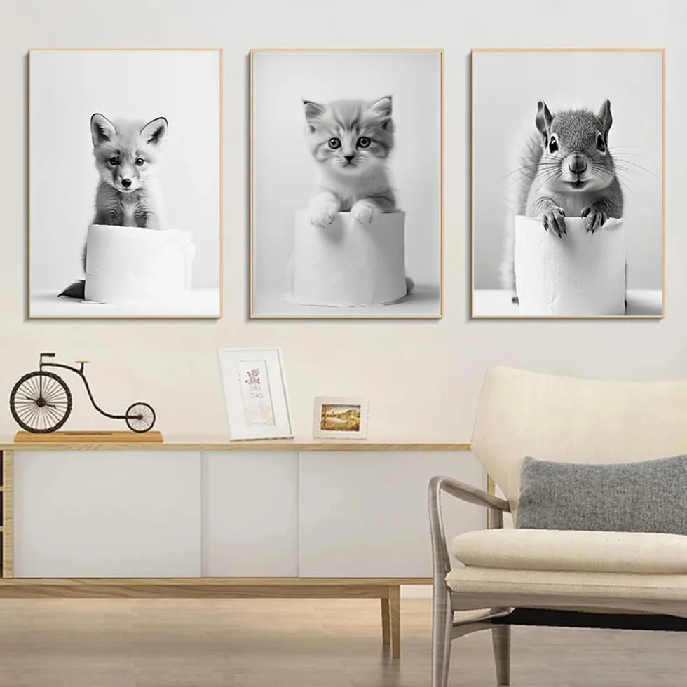 Affiche Murale Noir et Blanc Humour Animaux 40x50 Poster WC Deco Salle de Bain Toilette Humoristique