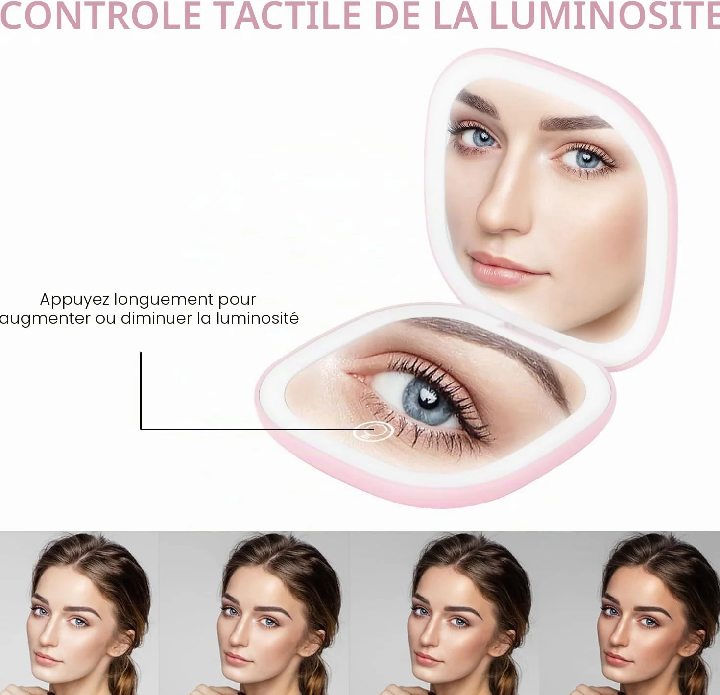 QUMOX Miroir de Maquillage Éclairé Grossissant 10X Rechargeable avec Lumière LED 3 Modes Contrôle Tactile USB-C