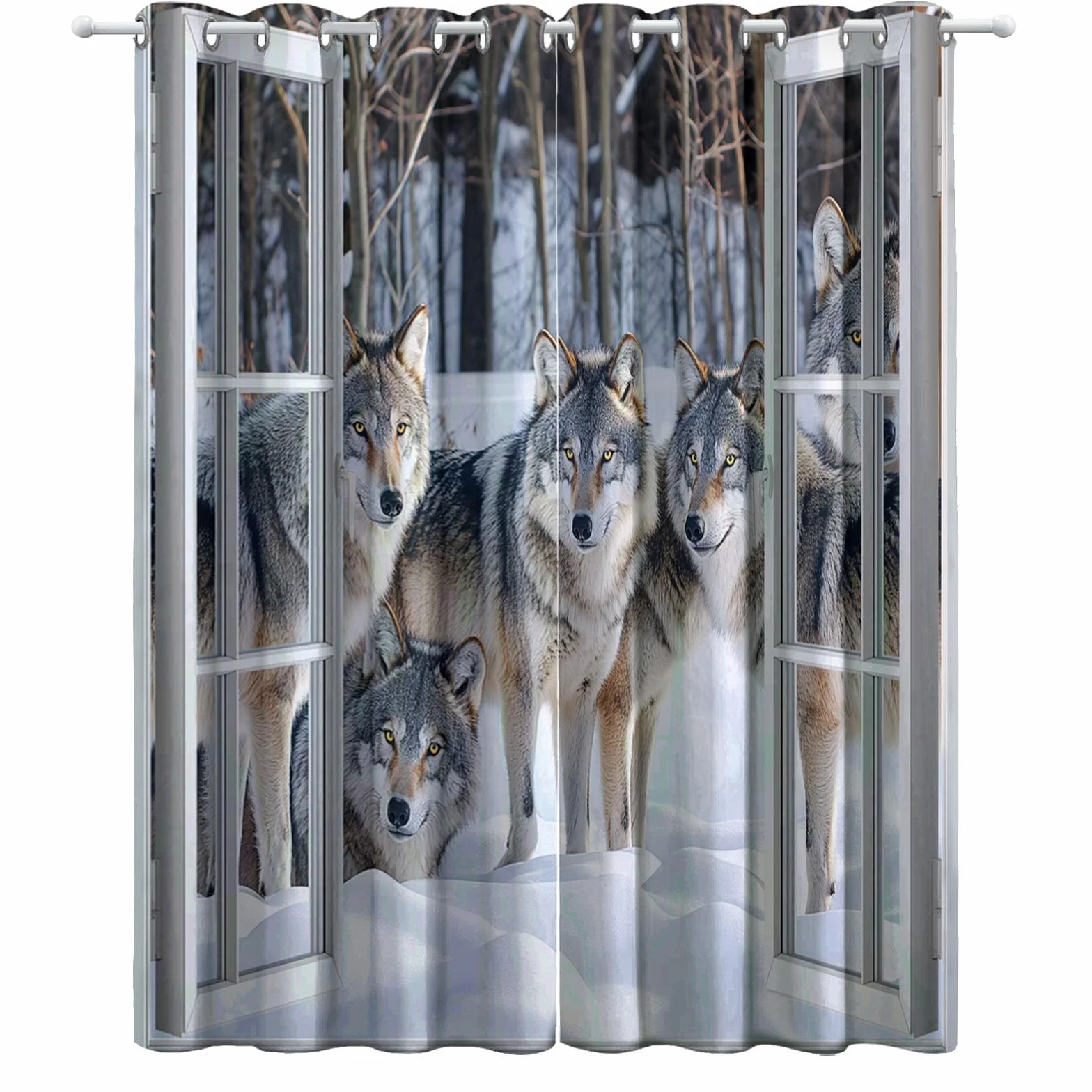 Rideau Occultant Lot de 2 Thermique Isolant Anti Froid Chaleur Fenêtre 3D Animaux Neige Opaque Œillets Blanc Gris 85x200 cm