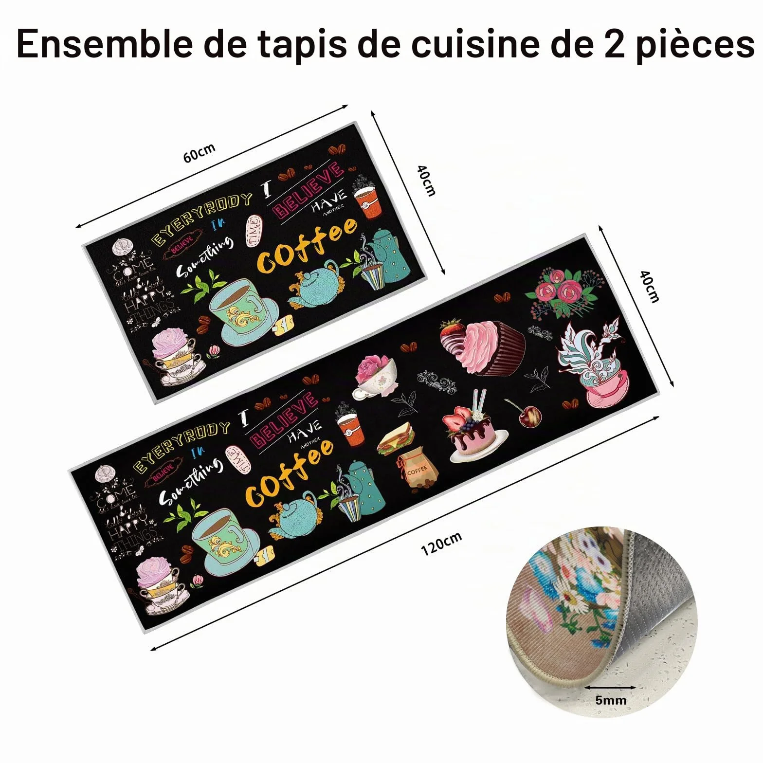Lot de 2 tapis de cuisine lavables antidérapants imperméables café 40x60 40x120 cm