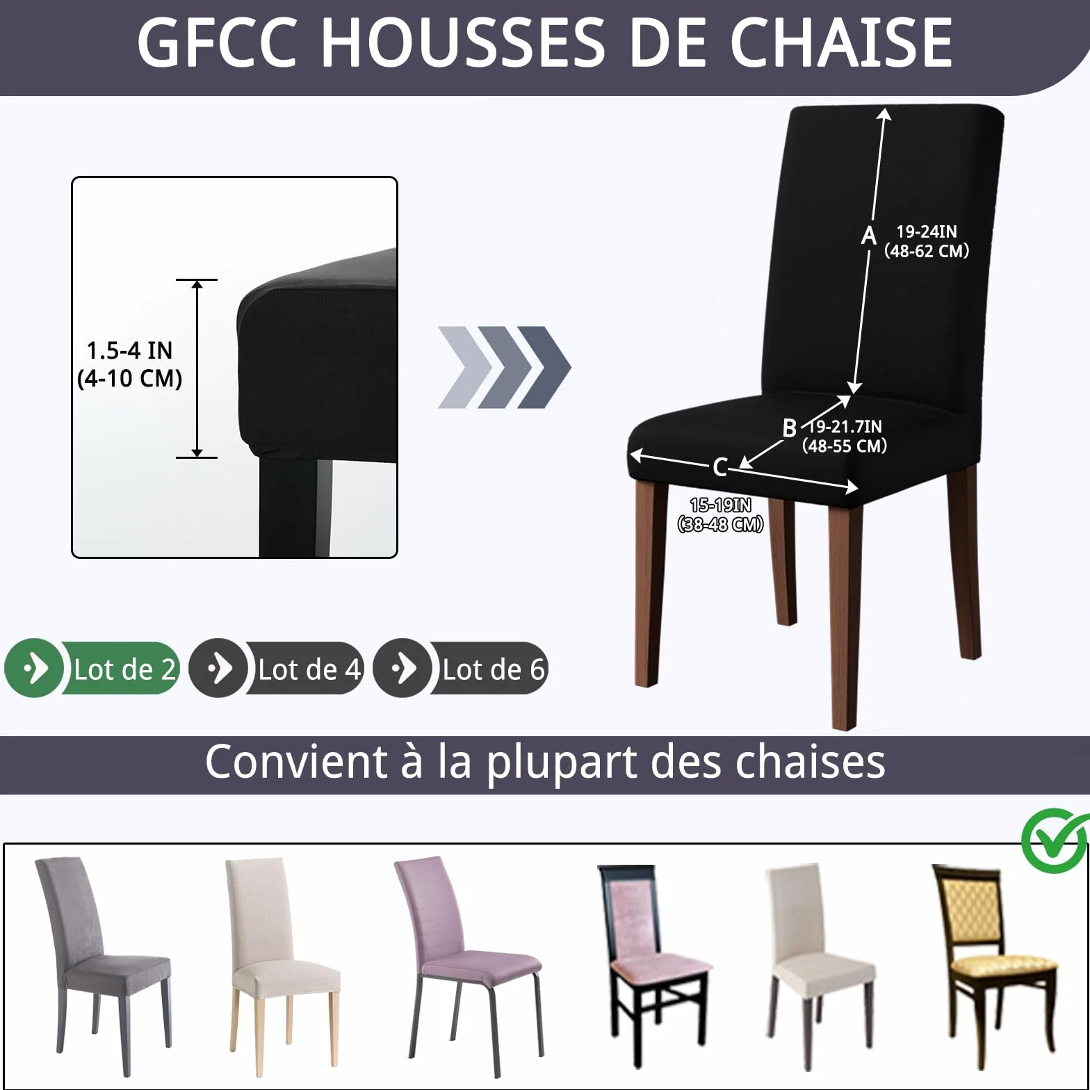 GFCC Housse de Chaise Lot de 2 Extensible, Bande Élastique, Recouvre Chaises Noir