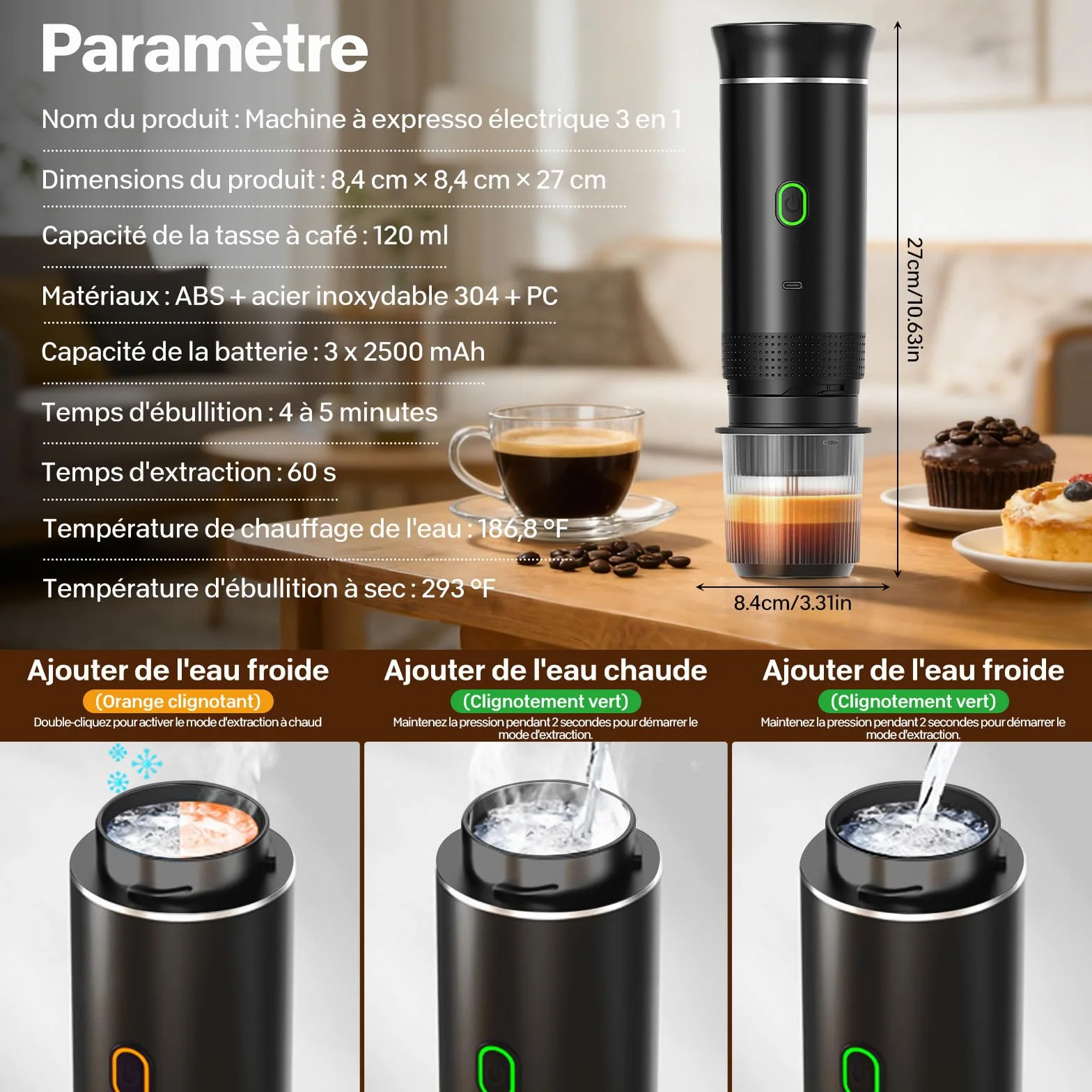 Machine à Café Portable 12V Chauffage Rapide 3 En 1 Auto-Chauffage 4-6 Min Grandes Capsules Café Moulu Camping Bureau Maison Voiture Noir