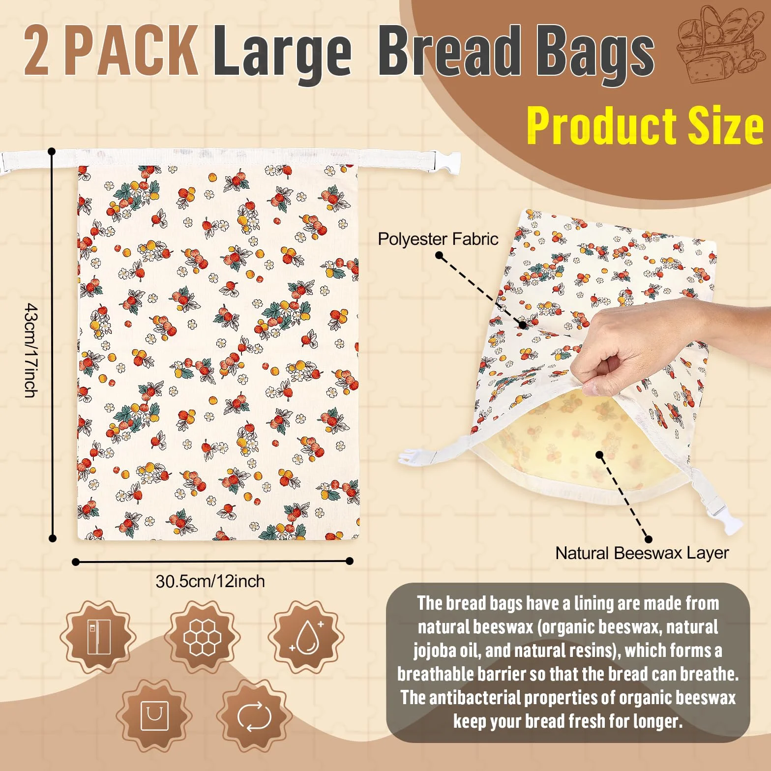 Sacs à Pain Tissu Réutilisables en Polyester avec Doublure en Cire d'abeille - 43x30cm