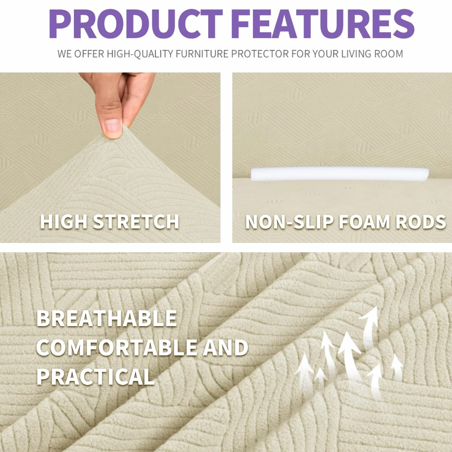 Ystyle Housse de Canapé 3 Places avec Accoudoirs, Extensible, Antidérapante, Beige