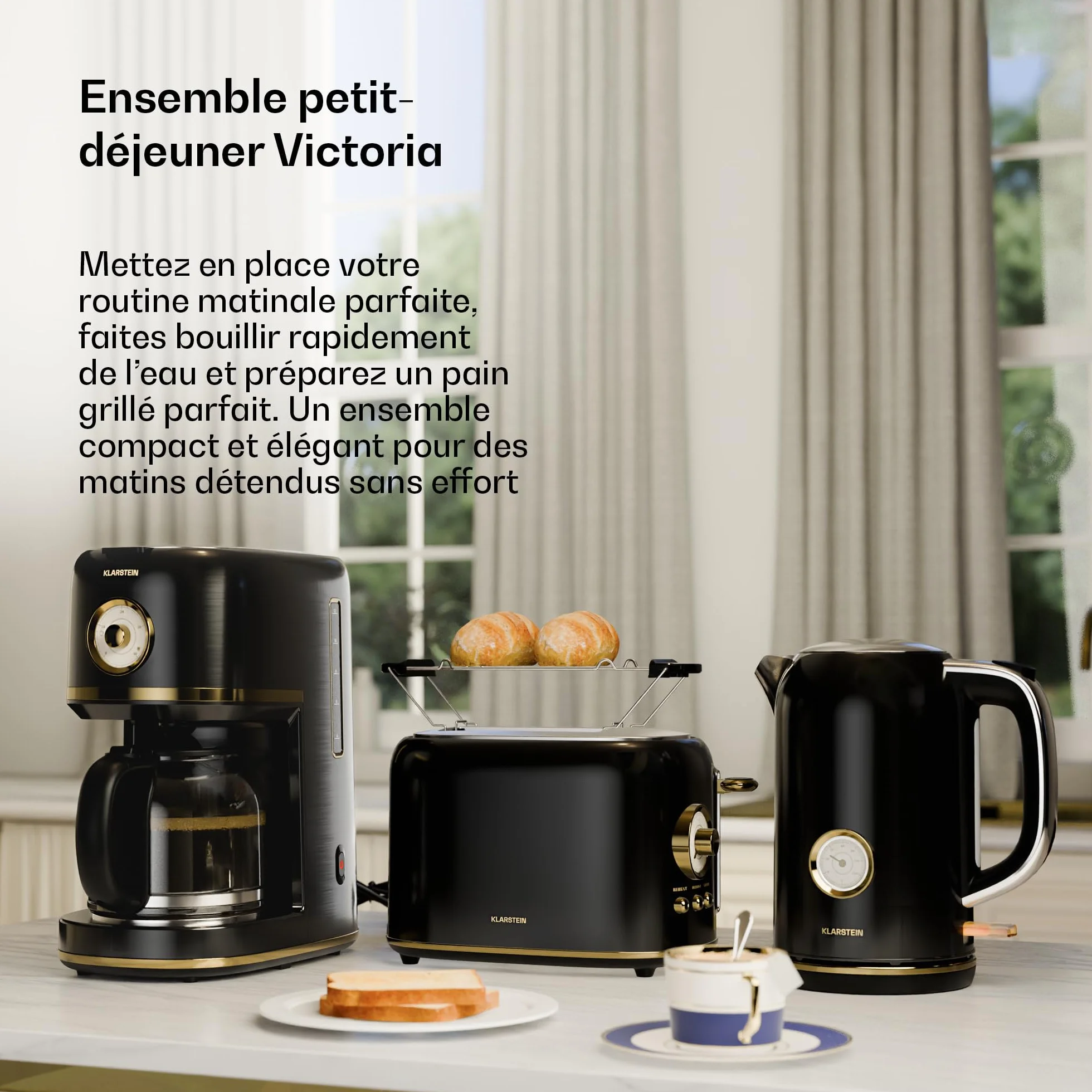 KLARSTEIN Victoria Set Petit-Déjeuner Complet – Grille-Pain 2 Fentes 7 Niveaux, Bouilloire Électrique 1,7L, Cafetière Filtre 12 Tasses, Design Rétro, Noir