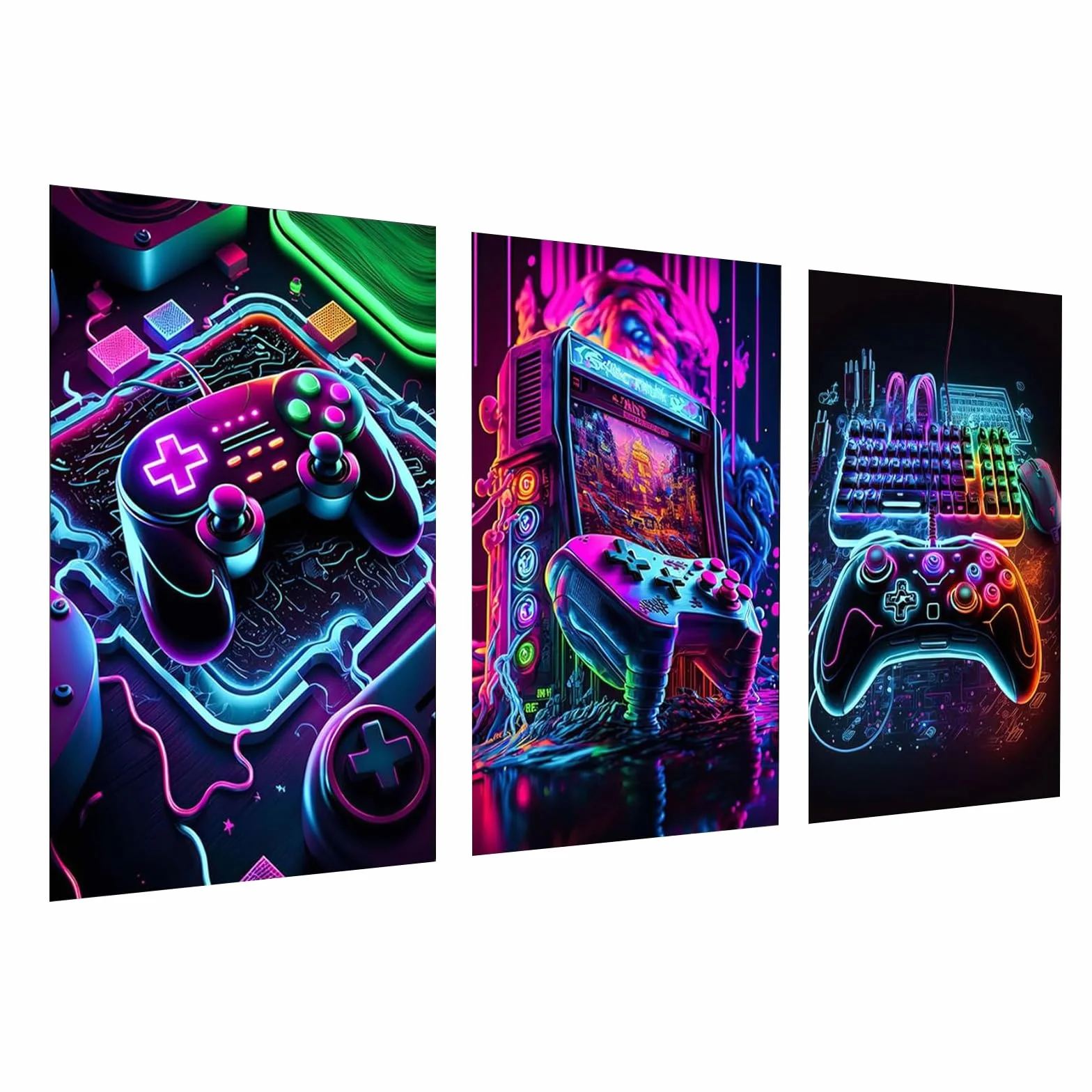 3 Estampes D'art Mural Affiche Manette de Jeu Vidéo Néon Poster Gaming 30x40 cm Sans Cadre