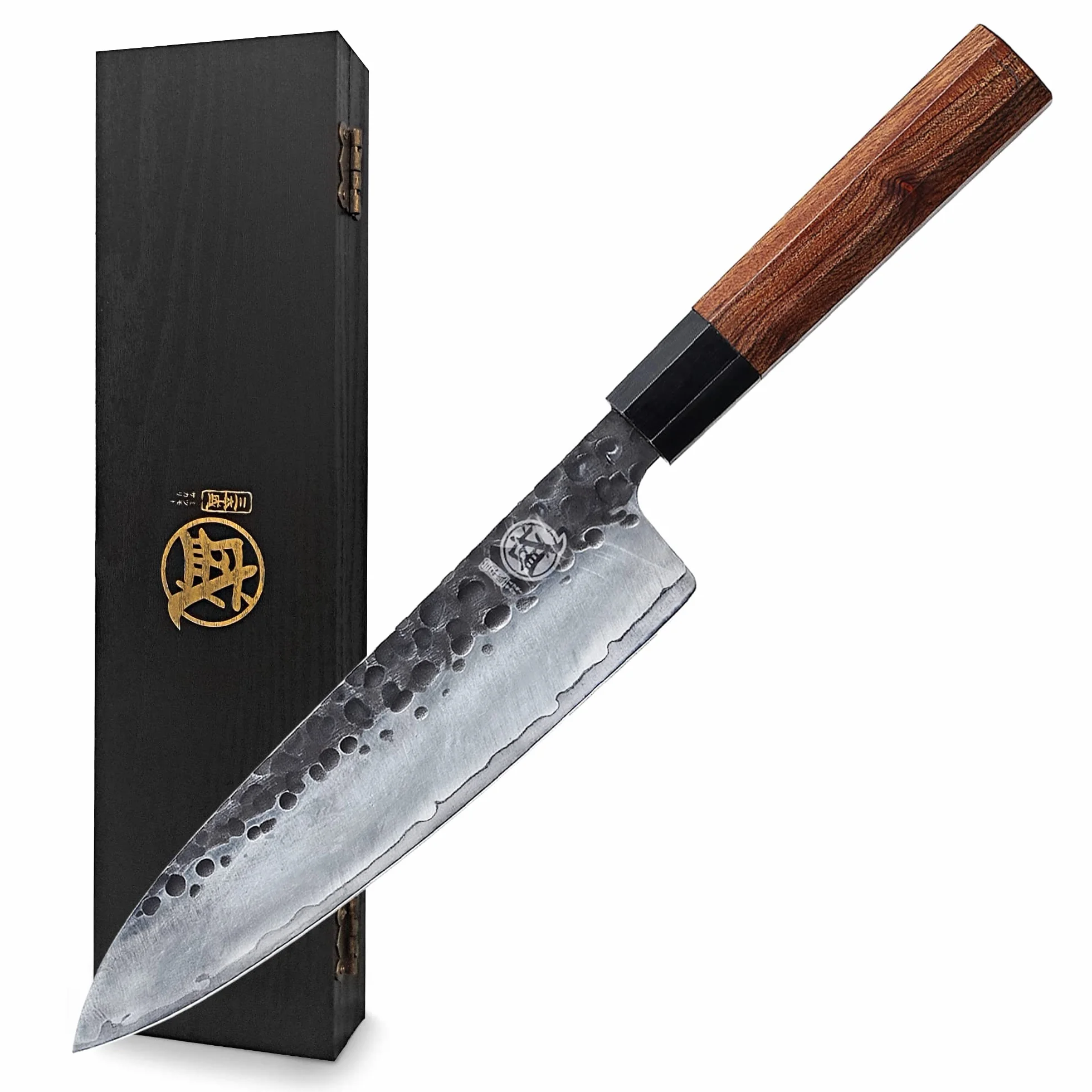 MITSUMOTO SAKARI Couteau Japonais 22 cm Gyuto Forgé à la Main Acier Haute Carbone Manche Bois de Rose Boîte Bois