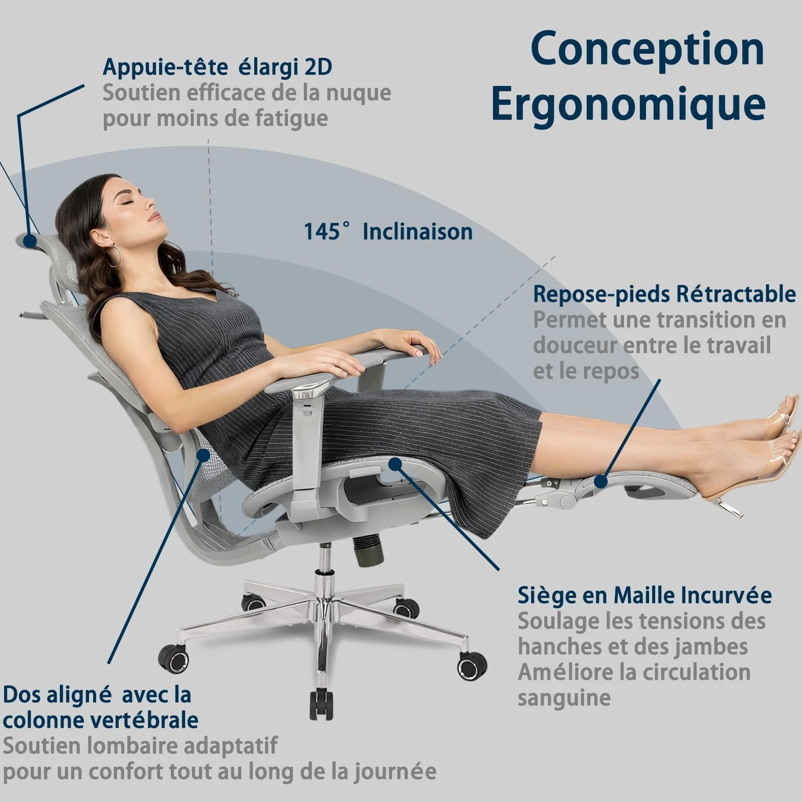 Chaise de Bureau Ergonomique Grand et Haut avec Repose-Pieds, Accoudoirs Réglables 5D, Support Lombaire, Dossier Maille Inclinable, Gris