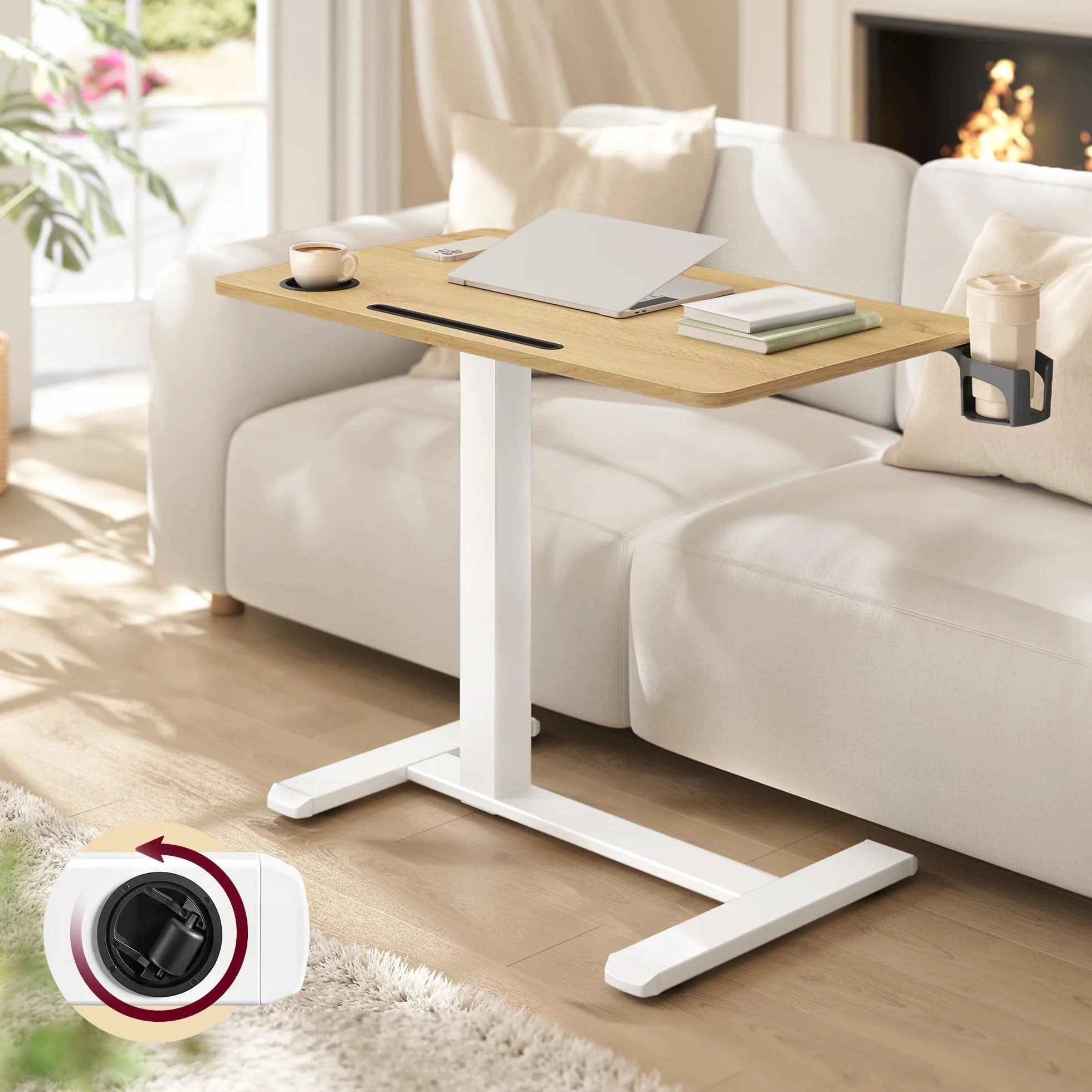 VASAGLE Bureau Assis-Debout sur roulettes, Table Réglable en Hauteur 80x45 cm, Doré Chêne