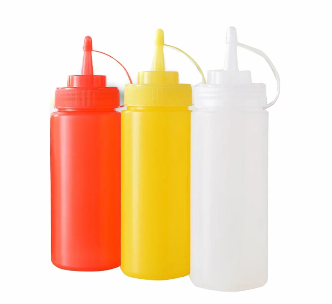 Lot de 3 bouteilles d'assaisonnement pressables en plastique pour moutarde, ketchup, huile