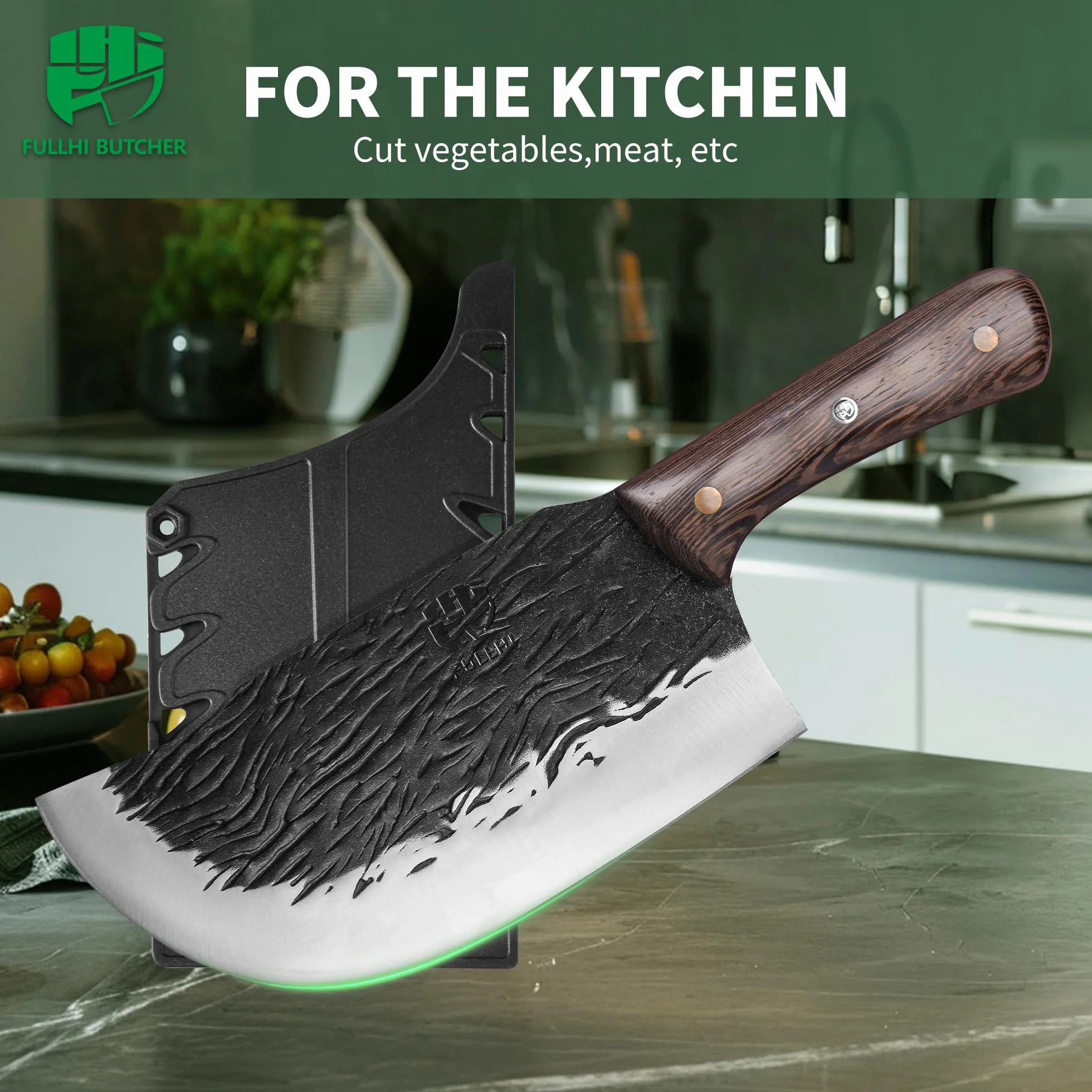 FULLHI Couperet à viande lourd en acier à haute teneur en carbone 21cm avec gaine