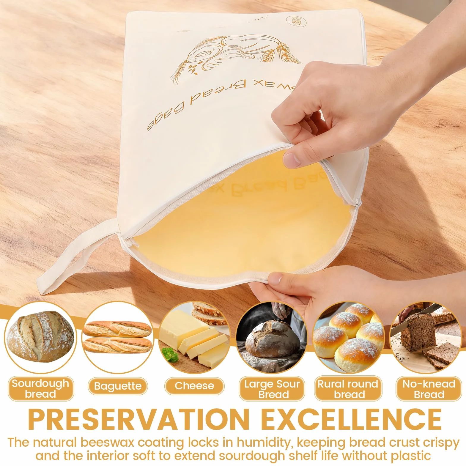 Sacs à pain en cire d'abeille avec fermeture éclair, 42x33 cm, 100% coton, réutilisables, pack de 2