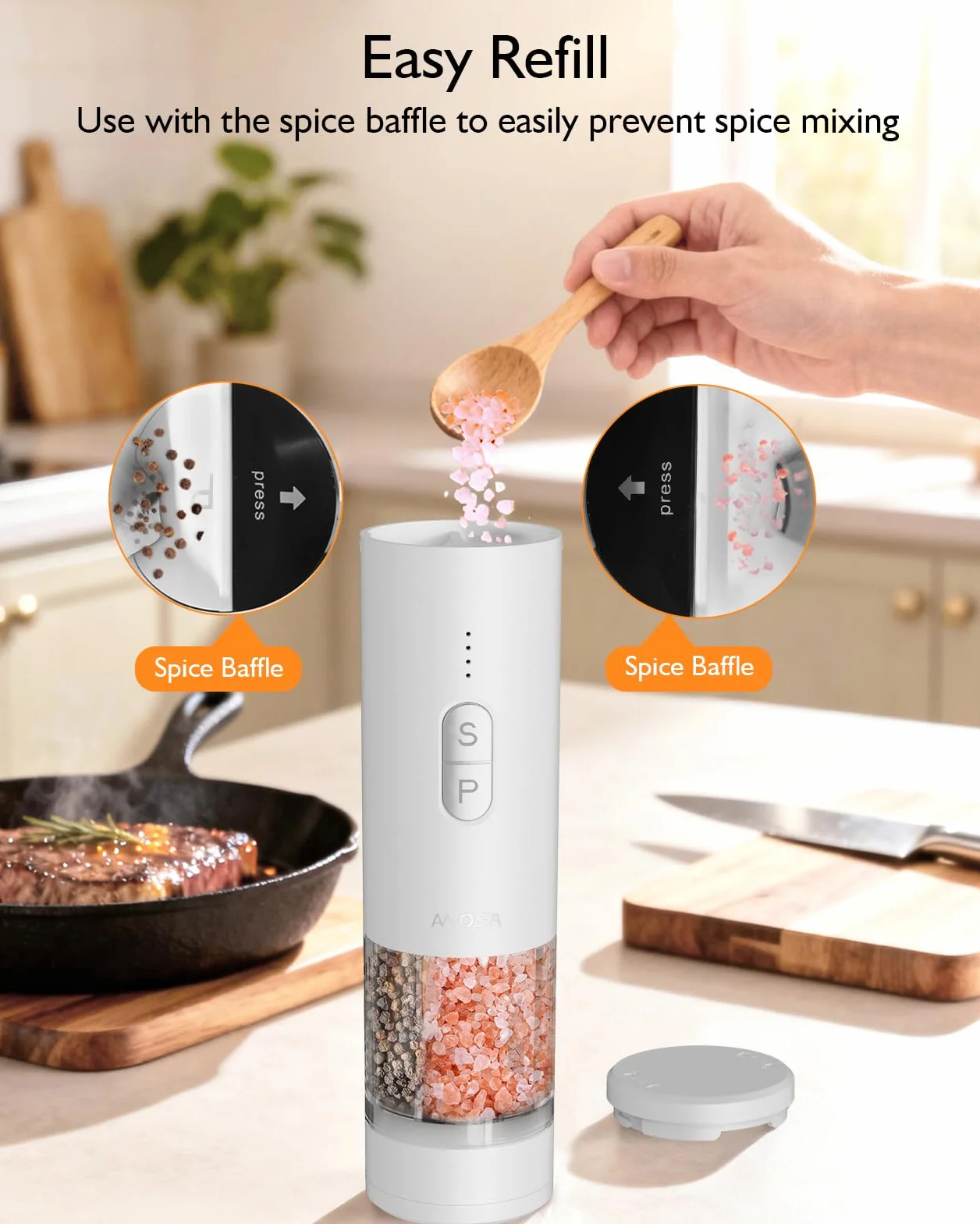 AMOSA Moulin à Poivre Électrique 2 en 1 Double Réservoir, Double Meule en Céramique USB Rechargeable avec Lumière LED Blanc
