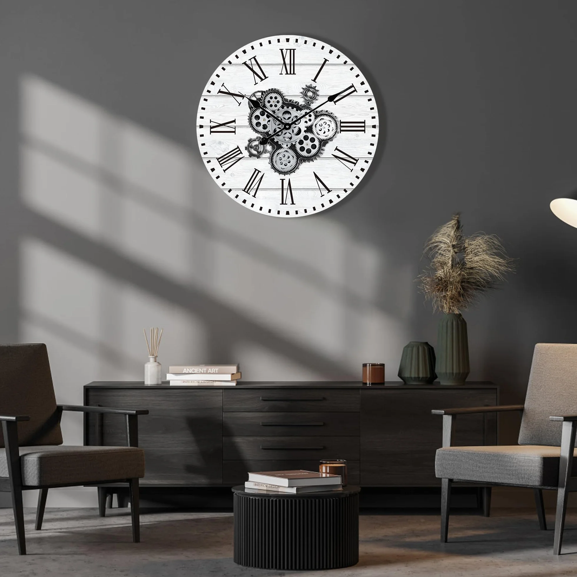 Horloge Murale Engrenages Mobiles Geante 57cm Industrielle Bois Vintage Blanc Pendule Murale Steampunk Chiffres Romains