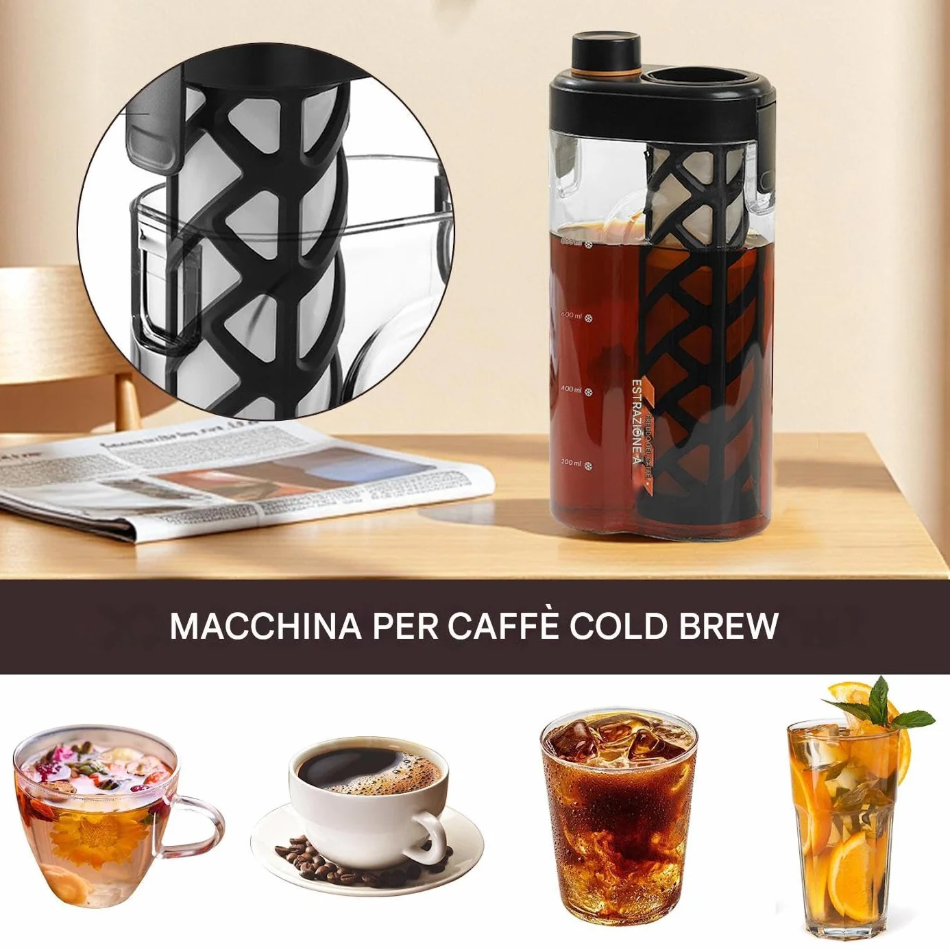 Bouteille de thé portable Cold Brew Coffee Maker Mattista de café froid anti-fuite filtre fin en maille 350 ml