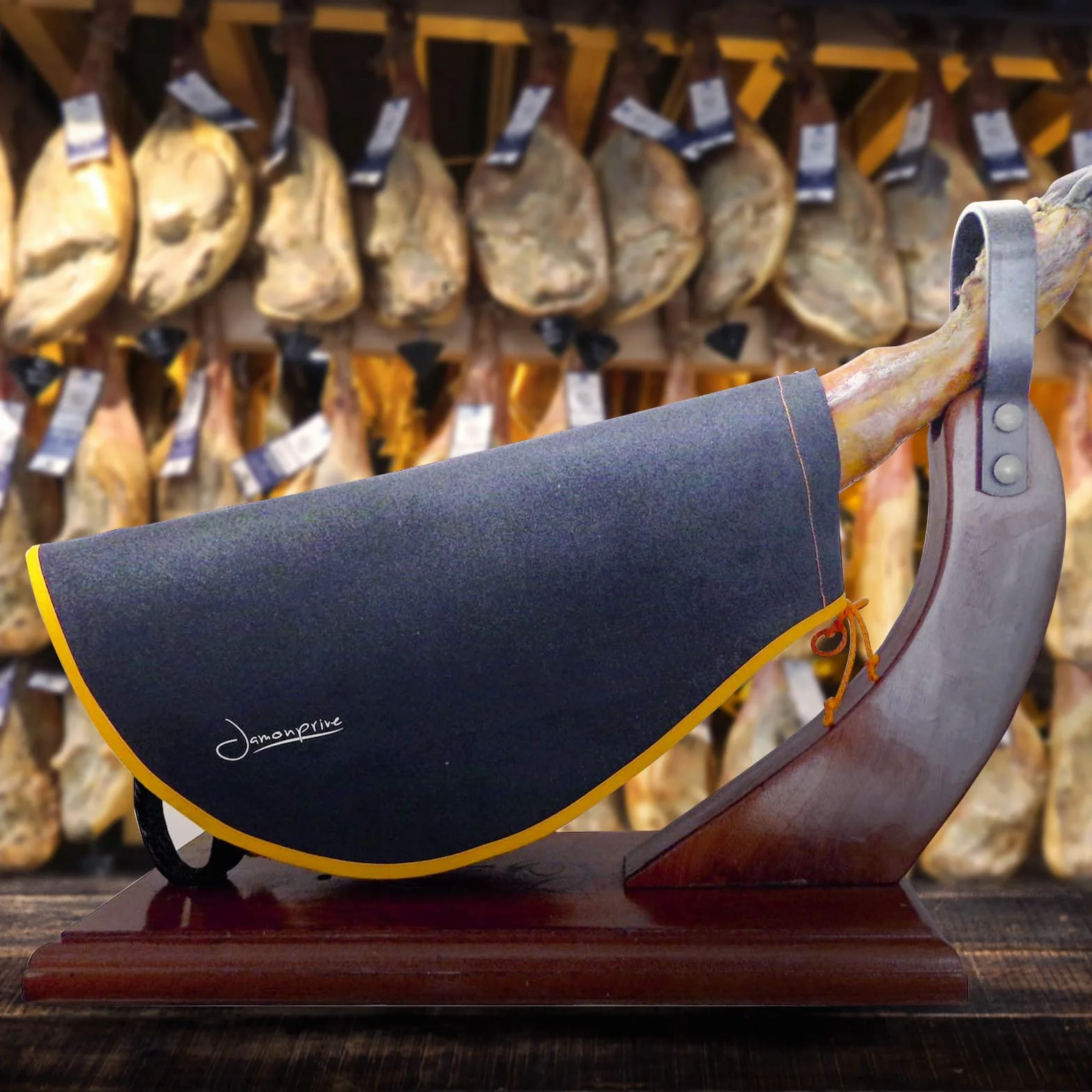 Jamonprive Couvre Jambon Noir Bordure Orange pour Serrano Ibérique Prosciutto