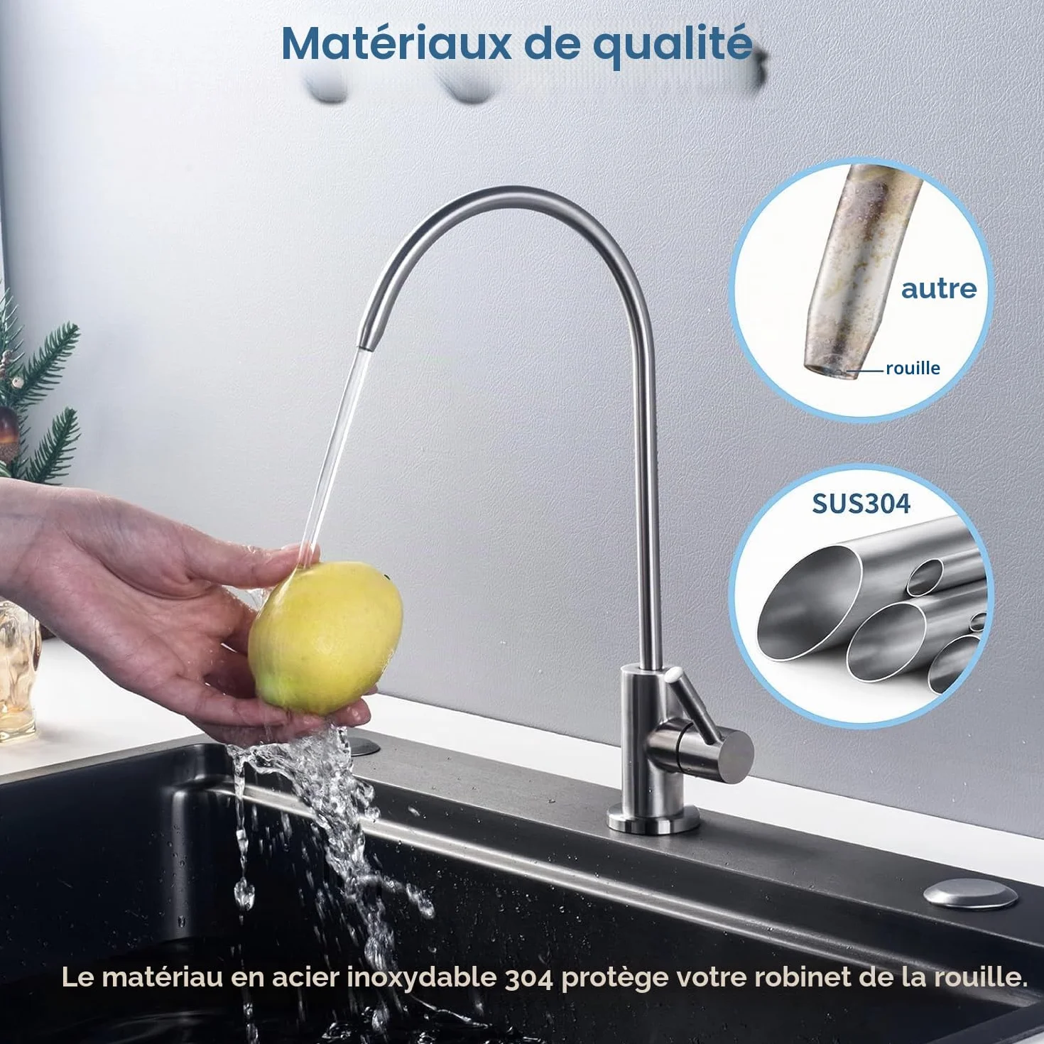 Robinet de Filtre à Eau Inox 1/4", 360° Pivotant pour Osmose Inverse Sous Évier
