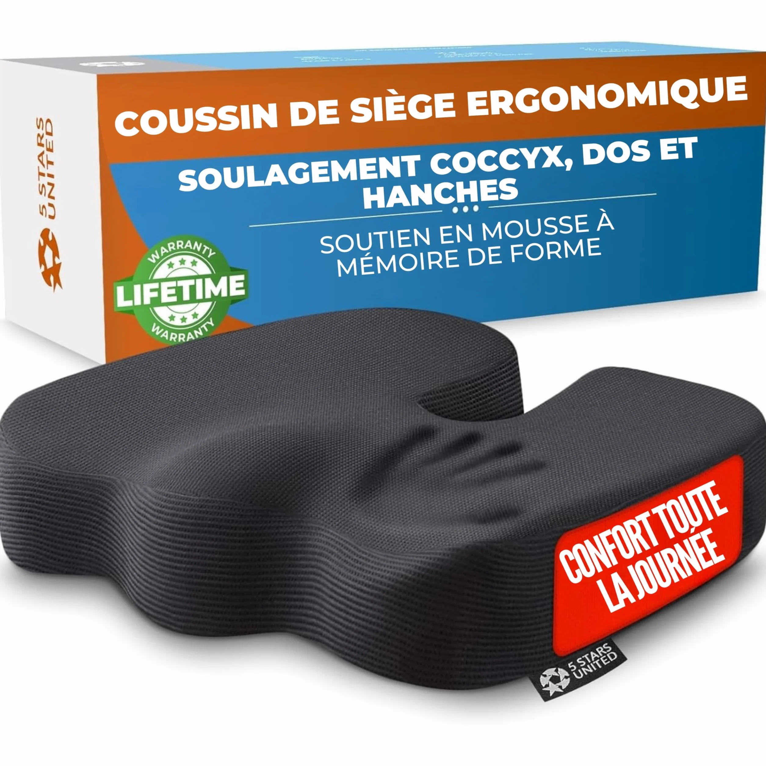Coussin d’Assise en Mousse à Mémoire de Forme, Coccyx Ergonomique pour Chaise de Bureau, Soulagement Sciatique & Lombaires – Noir