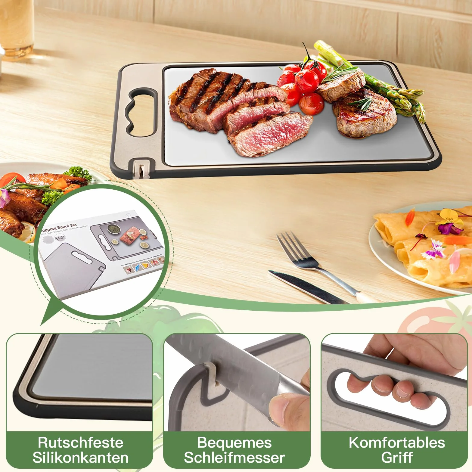 Planche à Découper Inox Double Face Silicone Antidérapante pour Cuisine Viande Poisson Fruits Légumes