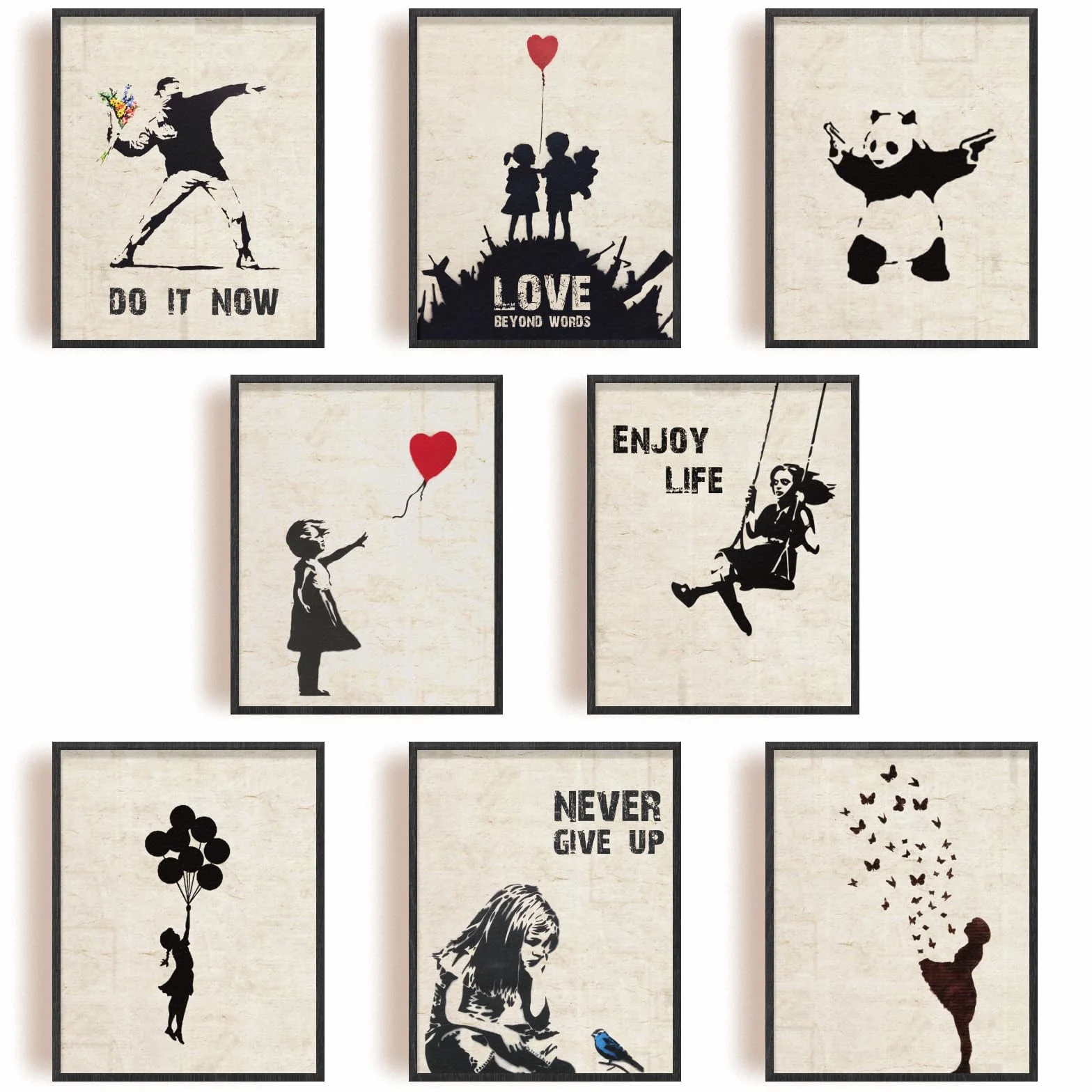 Banksy Lot de 9 Impressions sur Toile Panda Sans Cadre 20,3 x 25,4 cm