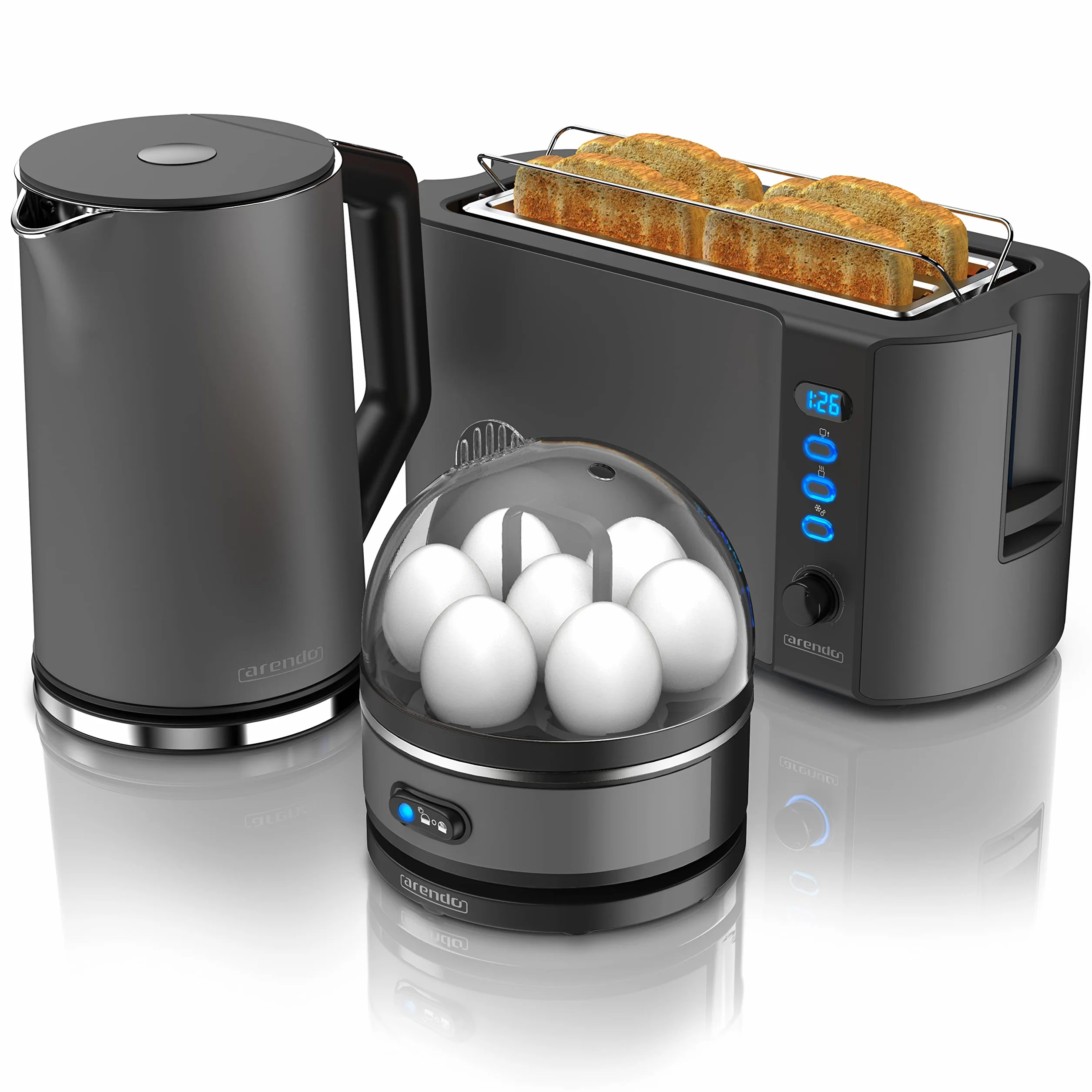 Arendo Ensemble Bouilloire Grille-Pain Cuiseur à Œufs Inox 1,5L 40°-100°C Toaster 4 Tranches LED 6 Niveaux Cool grey