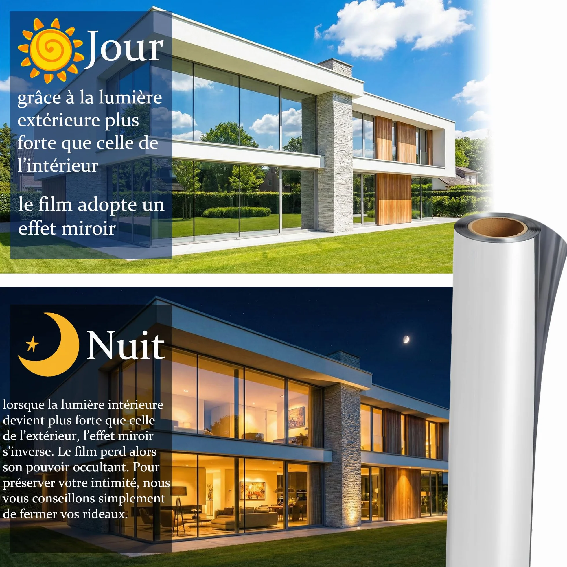 Film Fenetre Anti Regard Anti Chaleur Occultant sans Tain Anti UV Miroir 40x200cm Argent