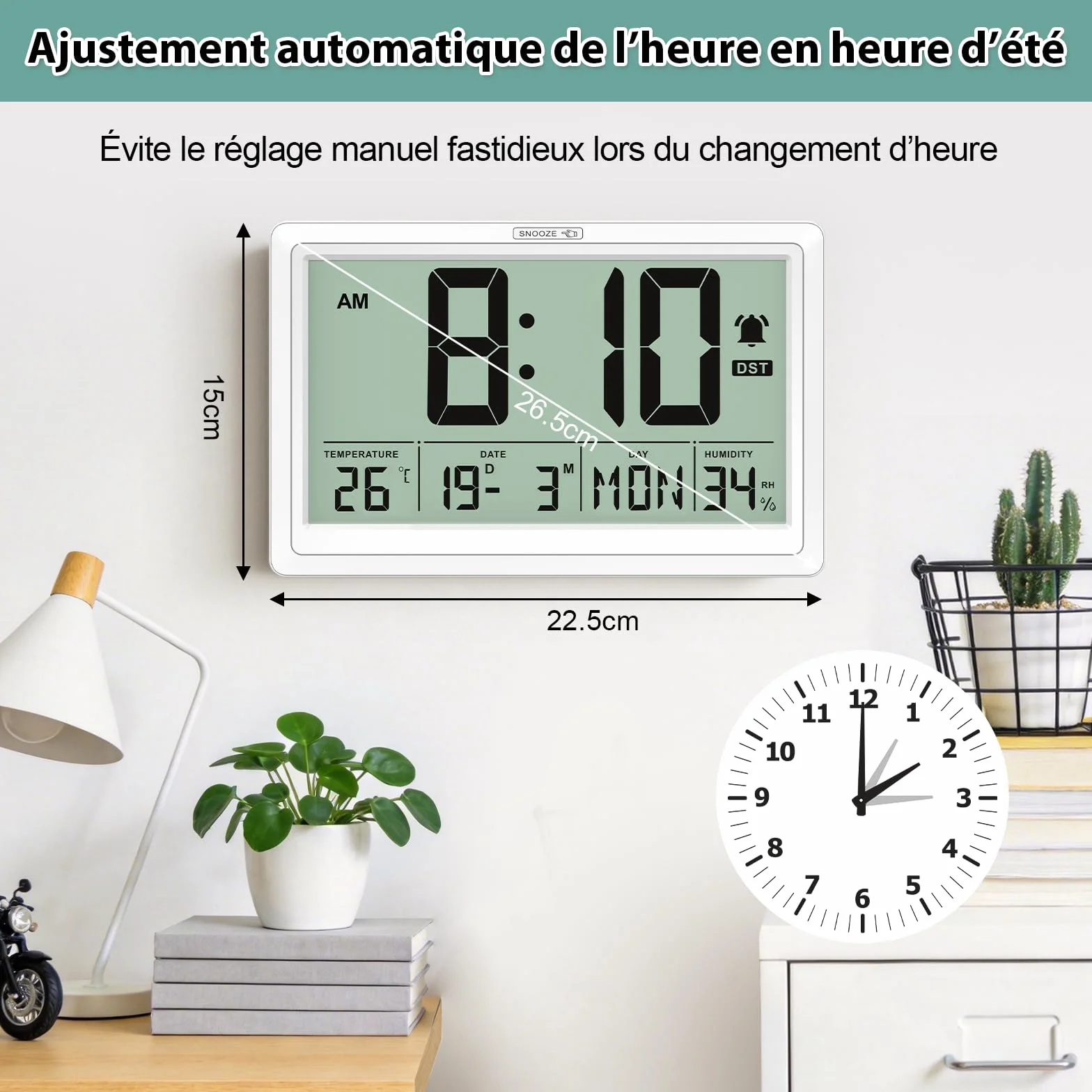XREXS Horloge Murale Numérique 19,4 x 10,4 cm - Écran LCD HD, Réveil, Température & Humidité, 12/24h