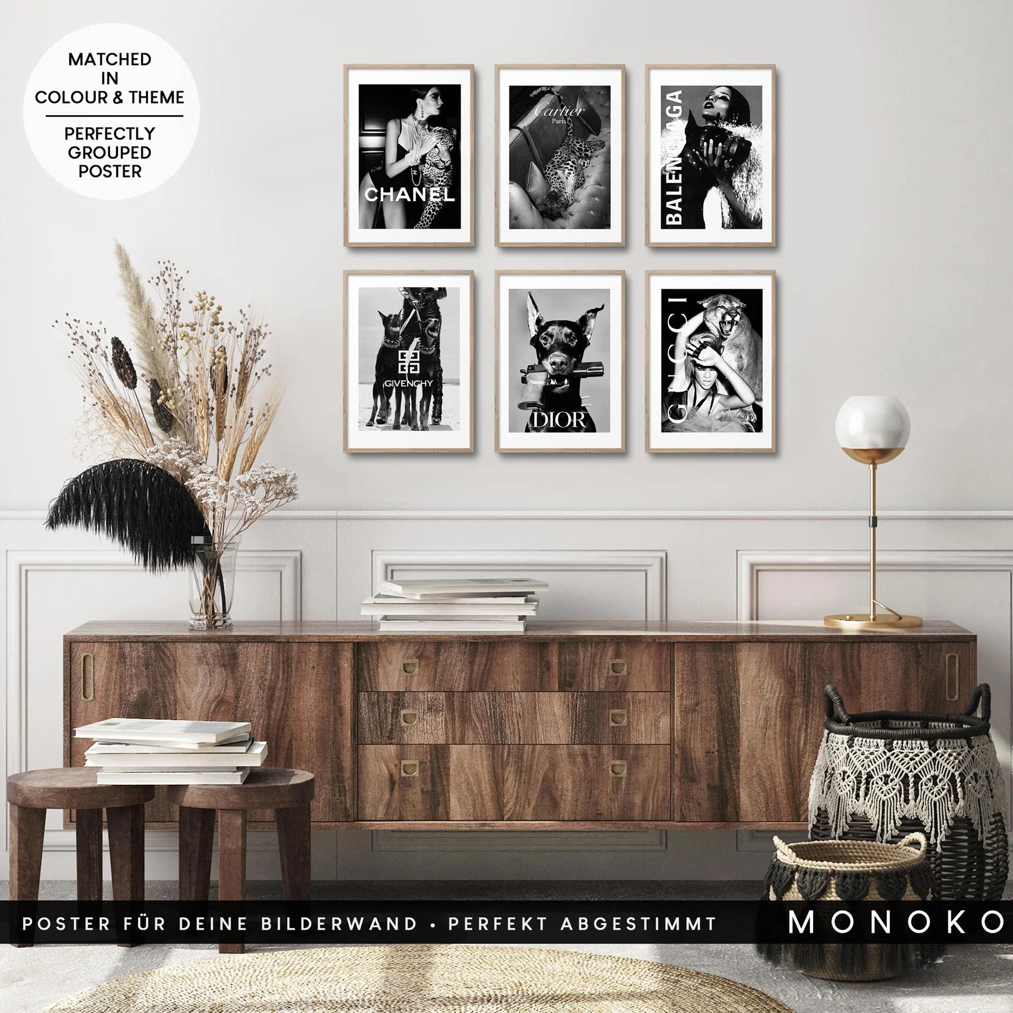 Lot de 6 posters muraux modernes Noir et blanc MONOKO® pour salon chambre à coucher A4