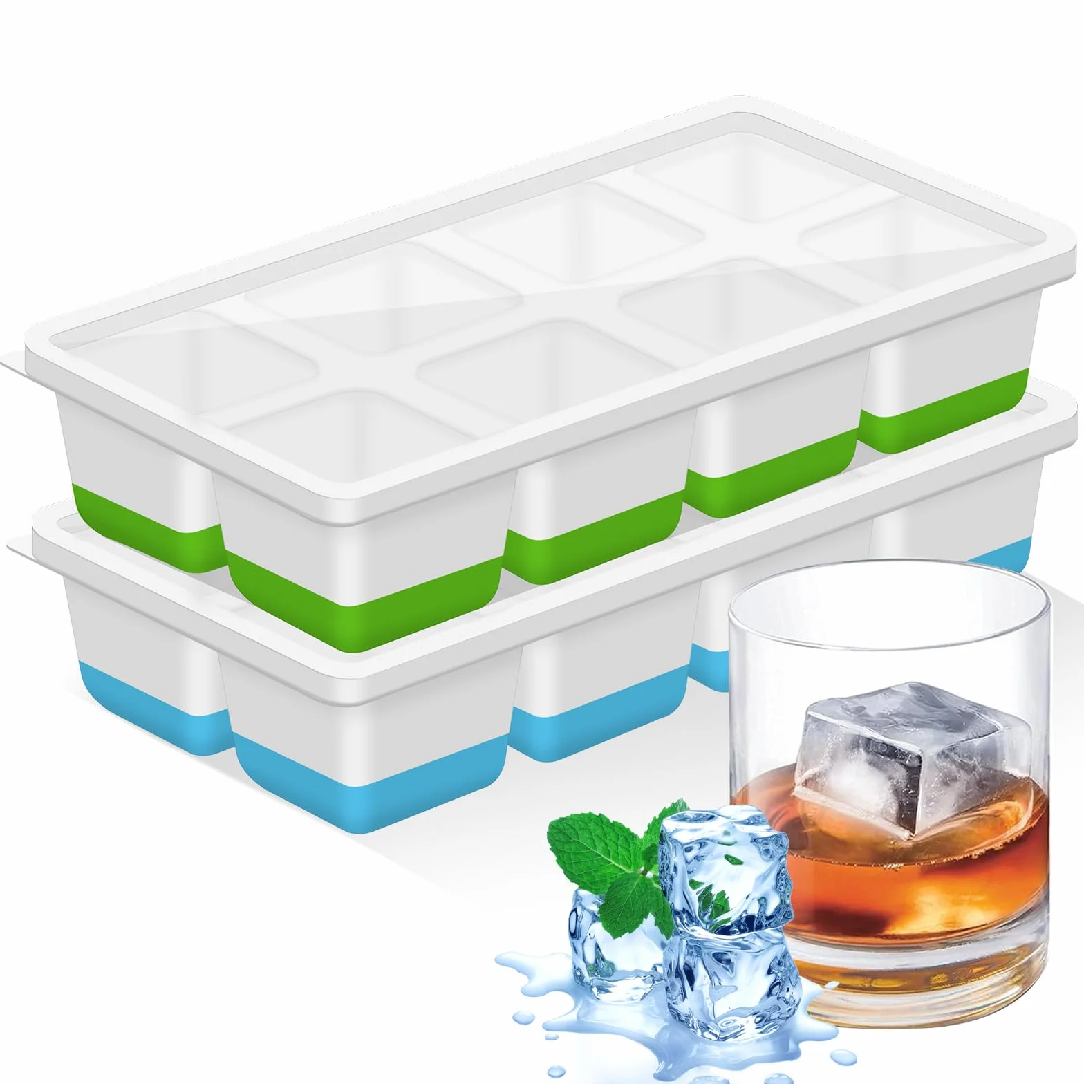 Bac à Glaçons en Silicone avec Couvercle 2 Pièces Empilable Sans BPA Vert Bleu