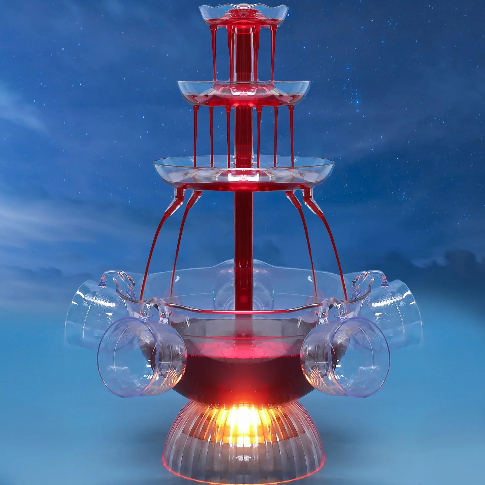 Fontaine à Vin Rouge 3 Niveaux Électrique avec 5 Tasses et Éclairage LED pour Fêtes