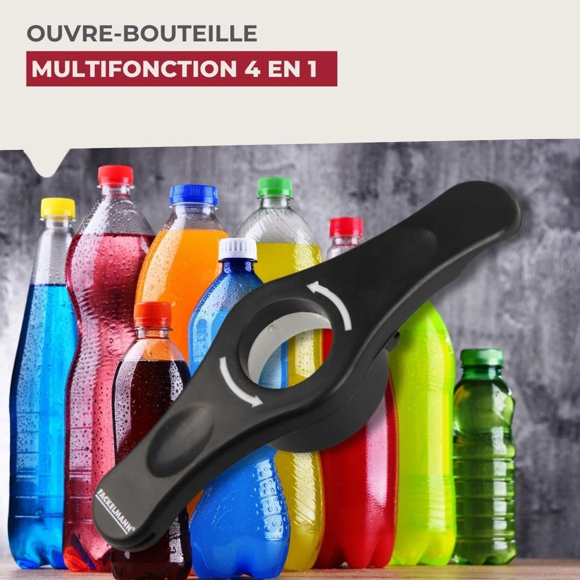 Fackelmann Ouvre bouteille 4 en 1, décapsuleur, ouvre boîte, ouvre bocal, Plastique, Noir, 14,5 x 4,5 x 2,5 cm