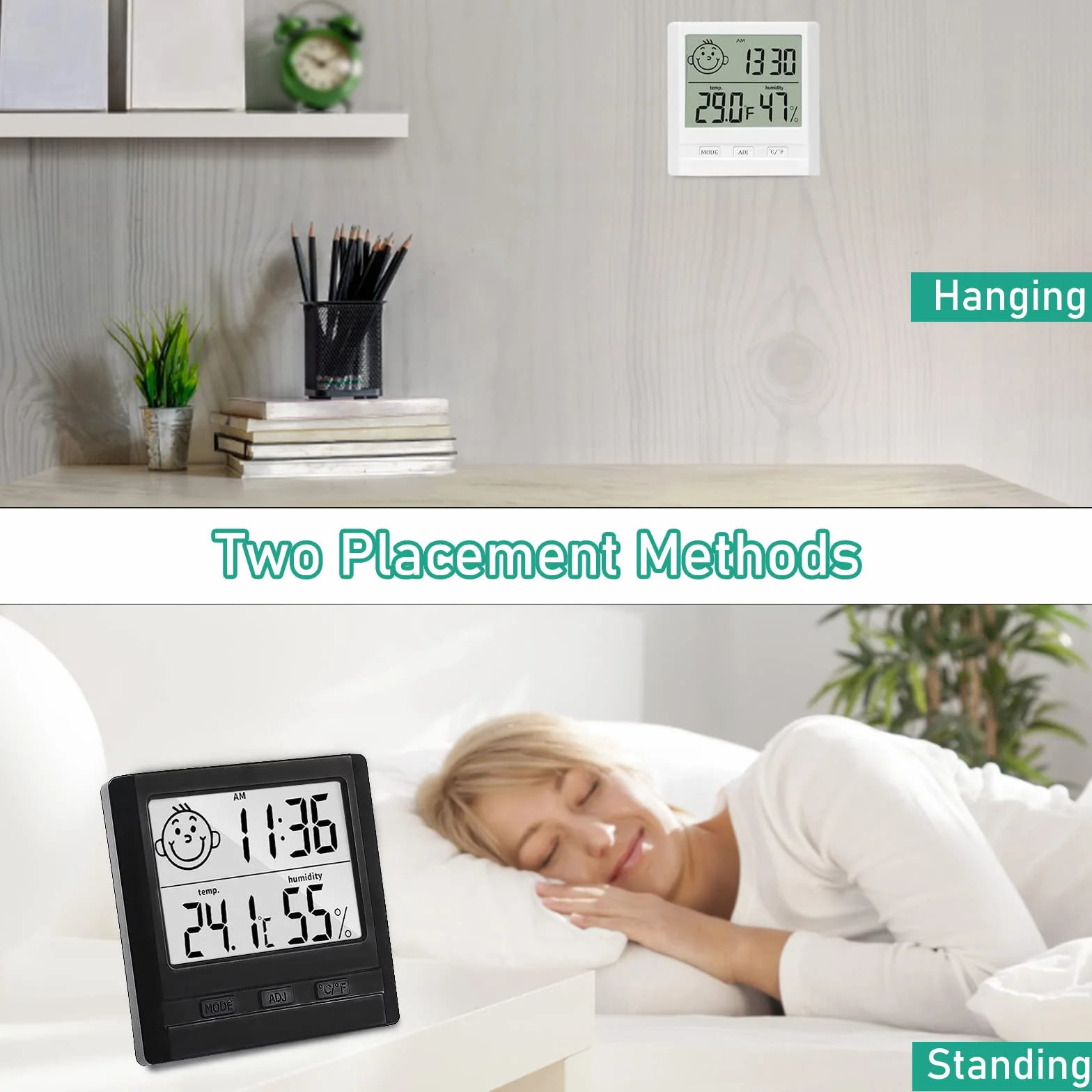 Hygromètre Numérique avec Horloge Lot de 2 - Thermomètre Intérieur Blanc et Noir