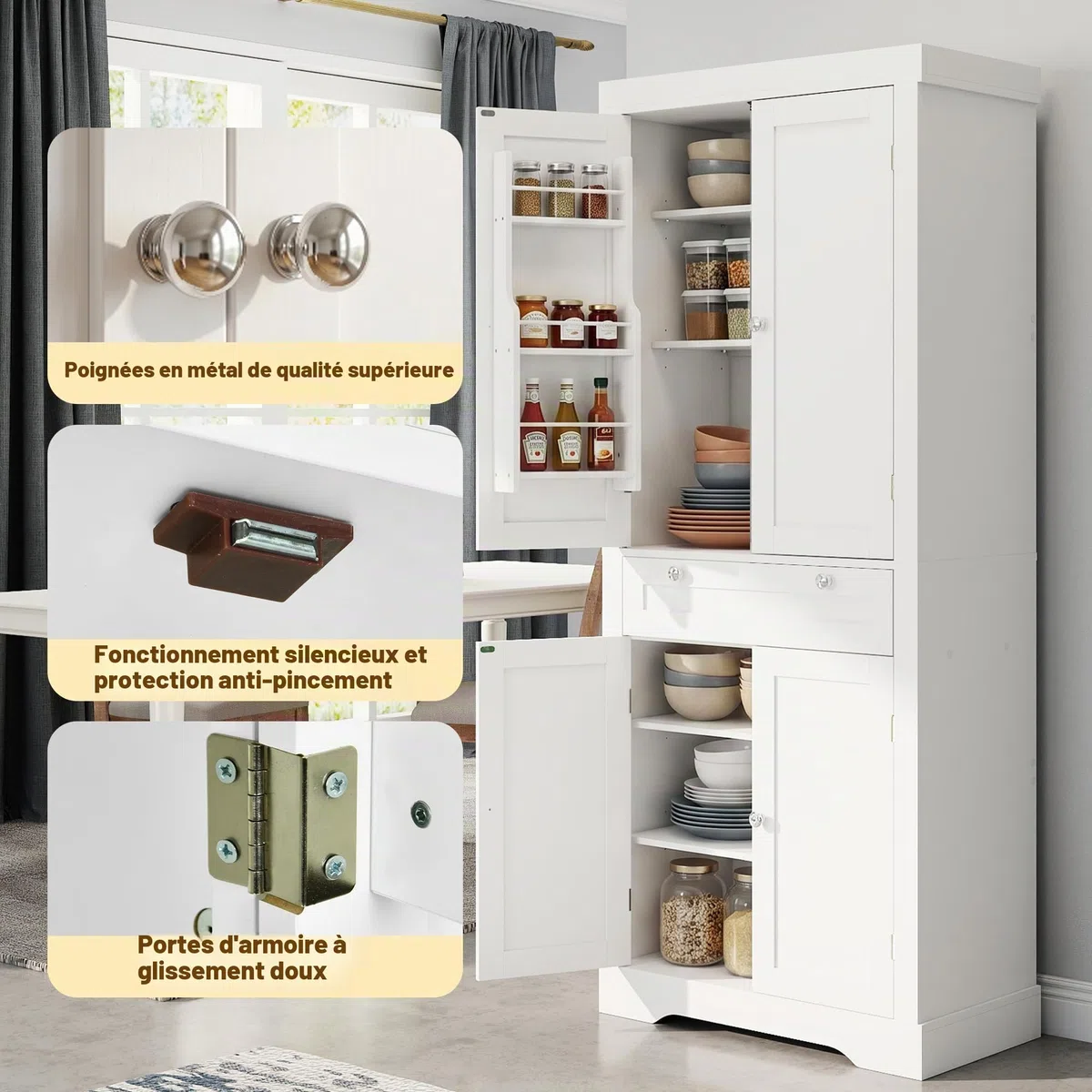 Meuble Cuisine, Buffet Haut Cuisine, Meuble Rangement avec 1 Tiroir et 4 Portes, Garde-Manger Moderne 76x40x182 cm – Panneau de Particules + MDF, pour Cuisine, Salle à Manger ou Salon, Blanc