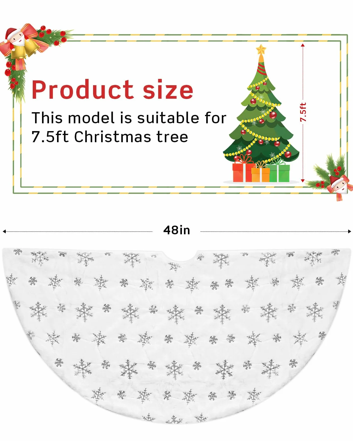 Jupe de Sapin de Noël COOLWUFAN 120cm Blanc en Peluche Argent Sequin Flocon de Neige
