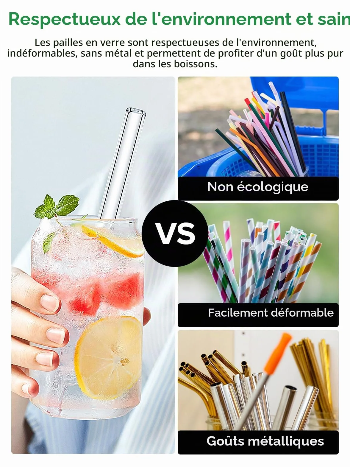 Realure Lot de 4 Pailles en Verre Transparente 14mm 21.5cm pour Bubble Tea Smoothie Cocktail