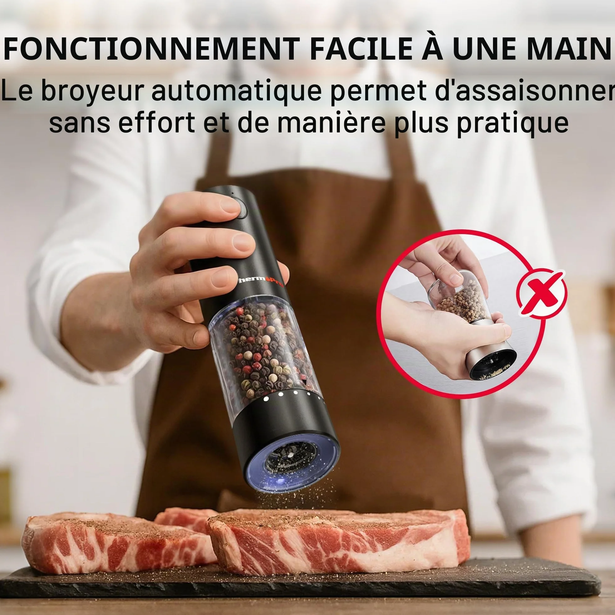 ThermoPro Ensemble de moulins à sel et à poivre électriques rechargeables 110ml avec réglage externe LED