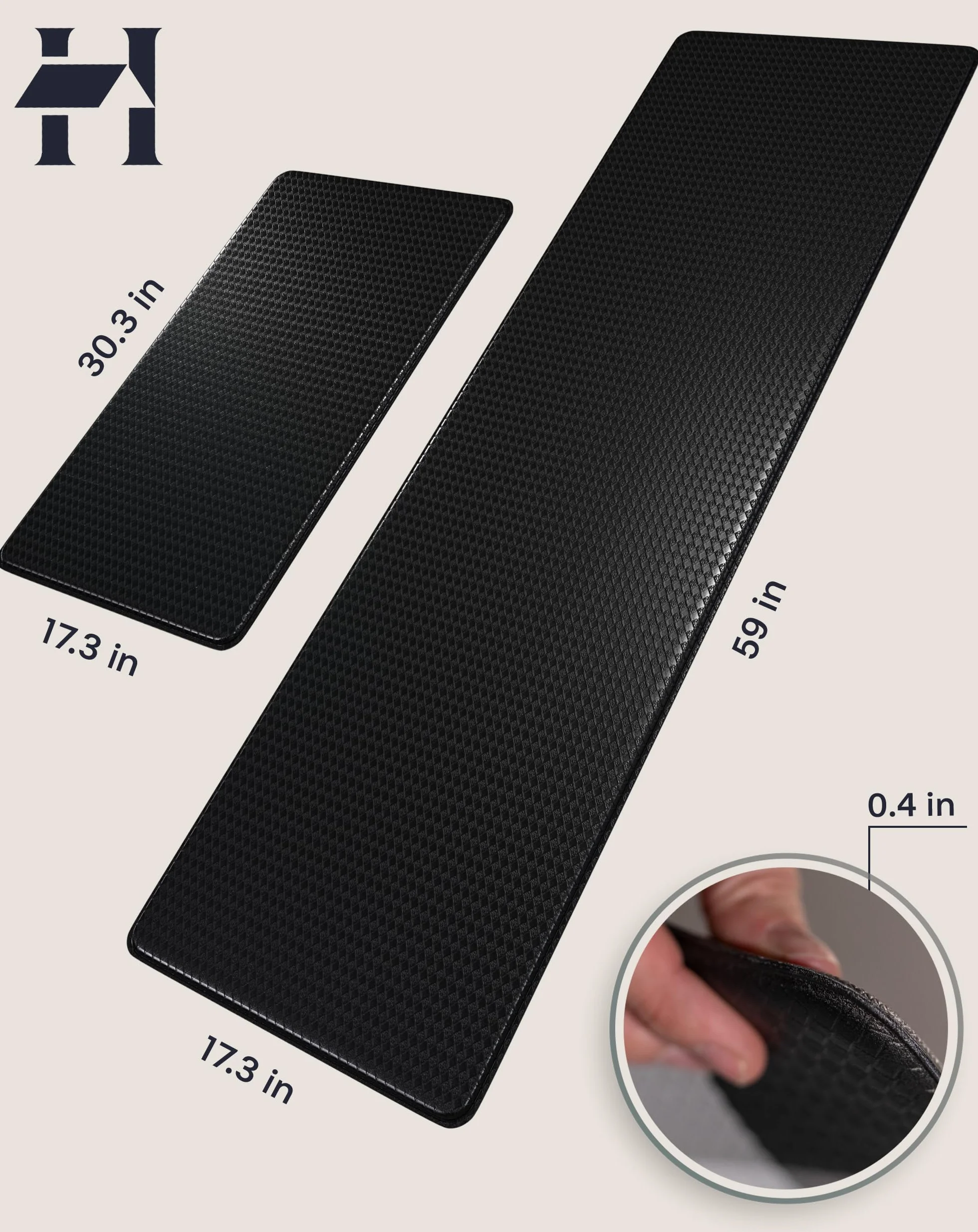 Homergy Tapis de Cuisine Anti-Fatigue 2 Pièces, Ergonomiques en Mousse Mémoire 0,4", Antidérapants & Imperméables, Confort - 44×77 cm et 44×150 cm